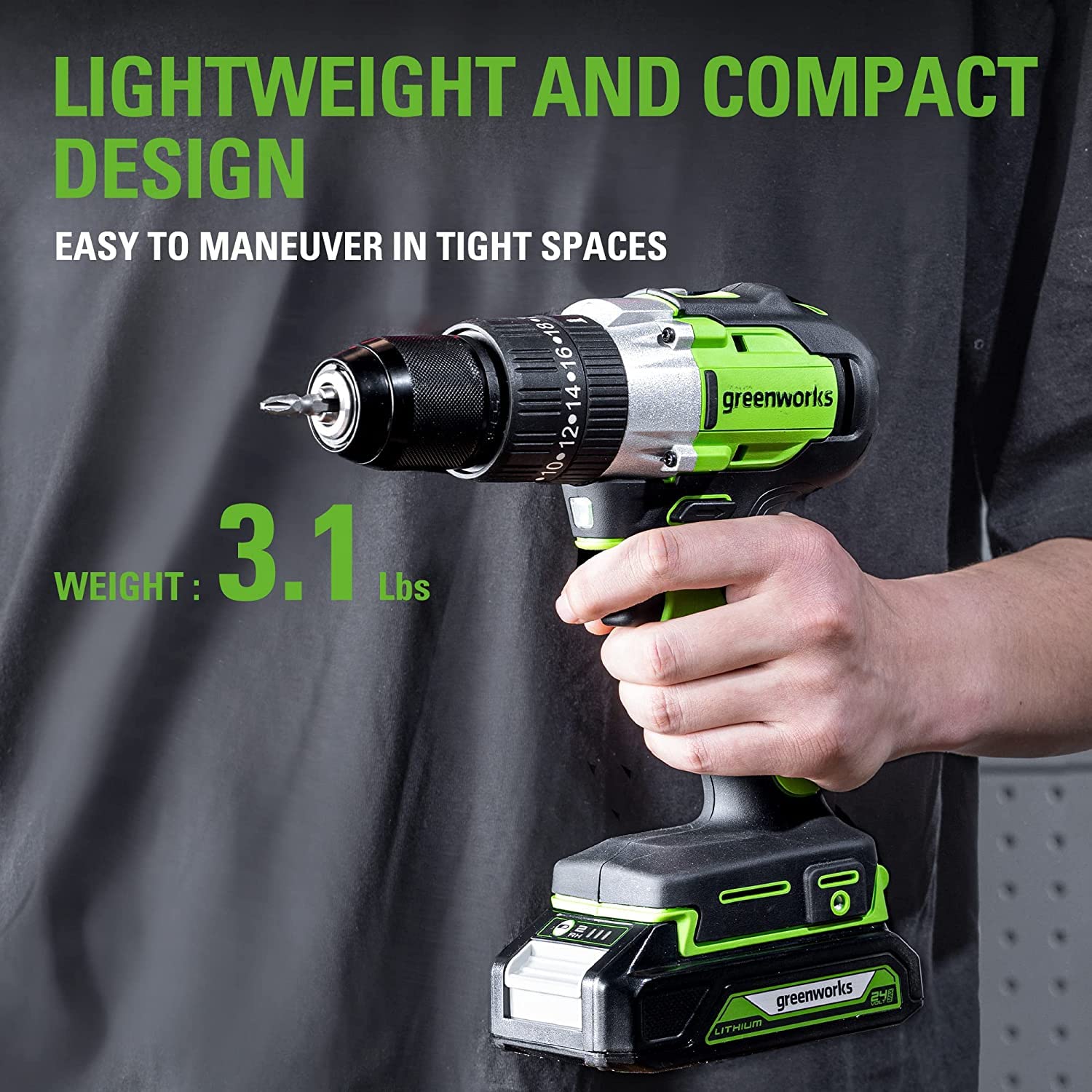 Greenworks 24V Cordless Hammer Drill with 4.0Ah Lithium-Ion Battery & 90-Piece Impact Bit Kit - Perfect for DIY Home Projects, Woodworking, and Professional Construction Work