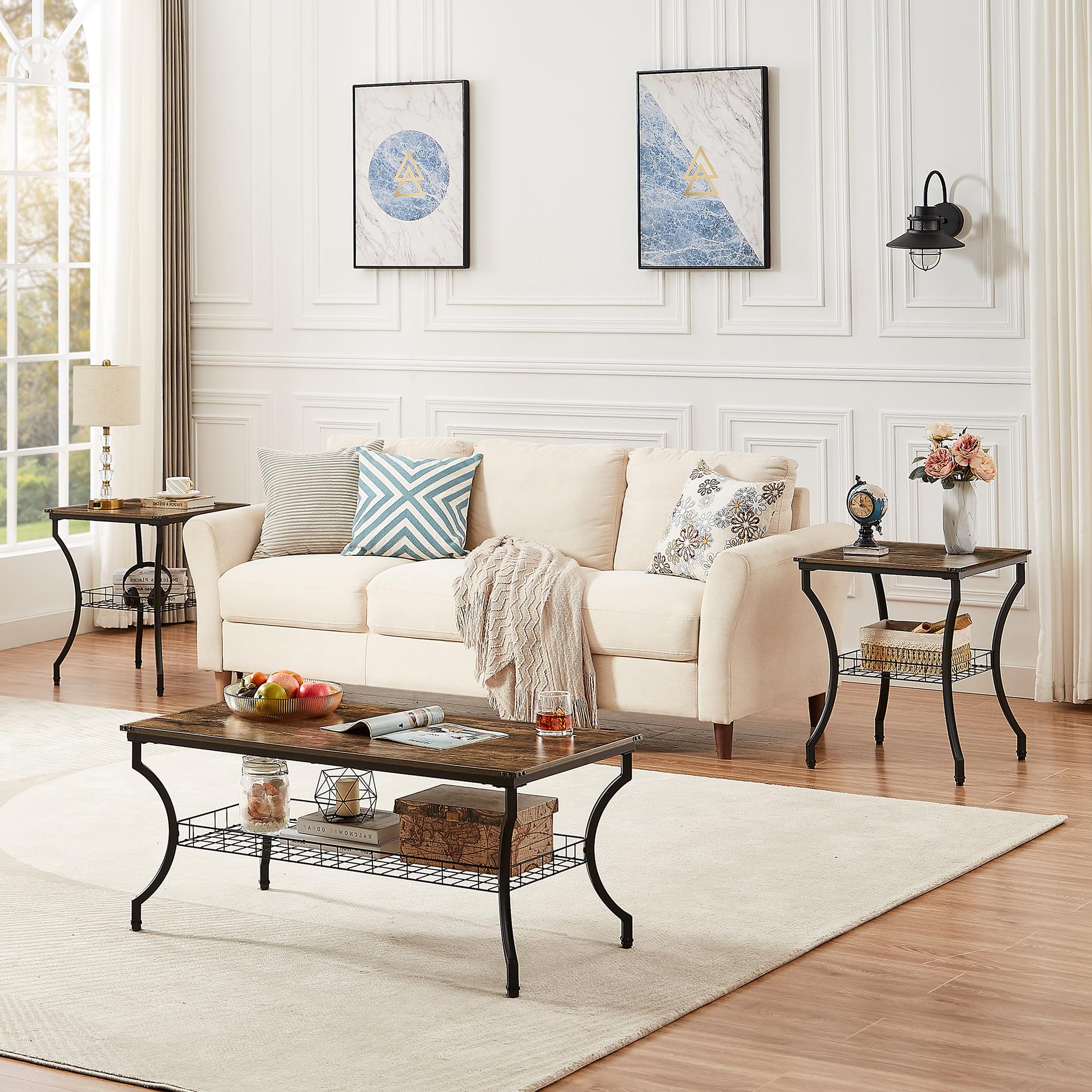VECELO 3-Piece Living Room Table Set - Coffee Table & End Tables with Open Storage Shelves, Easy Assembly, Brown - Perfect for Apartments, Home Offices & Small Spaces | Living Room Furniture, Modern Home Decor