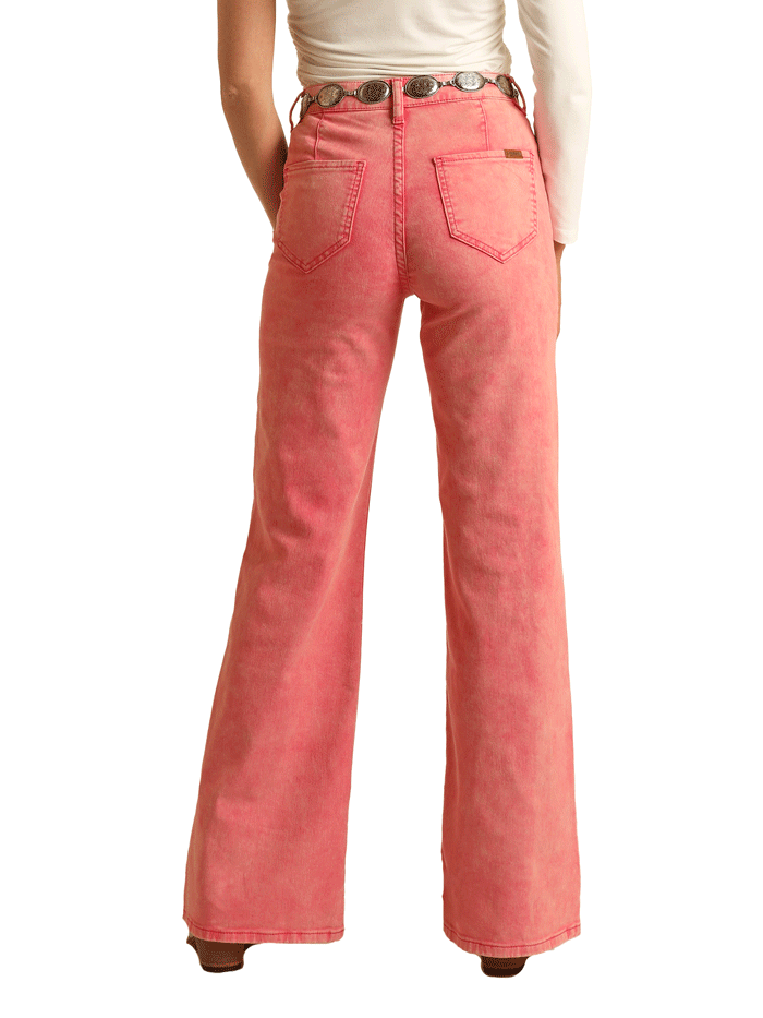Rock & Roll Denim BW8PD03586 Women's High Rise Distressed Flare Jeans in Pink - Perfect for Casual Outings, Concerts & Vintage Style Looks