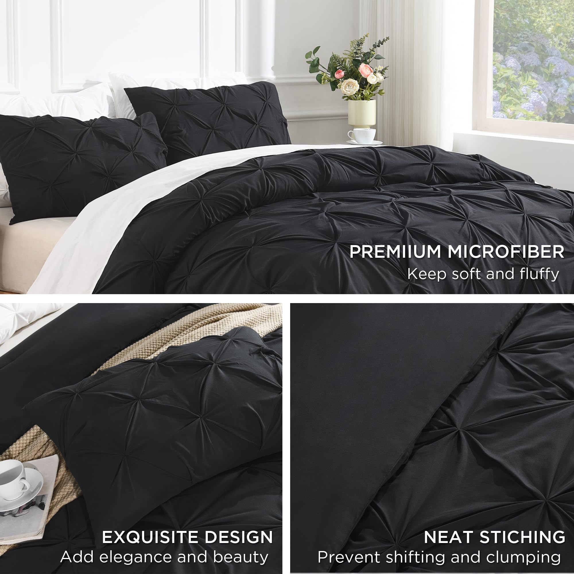 Andency Black Pinch Pleat Comforter Twin Set (66x90 Inch) - 2 Piece Microfiber All Season Down Alternative Bedding with Pintuck Design & Pillowcase - Perfect for Guest Rooms, Dormitories & Cozy Bedroom Decor