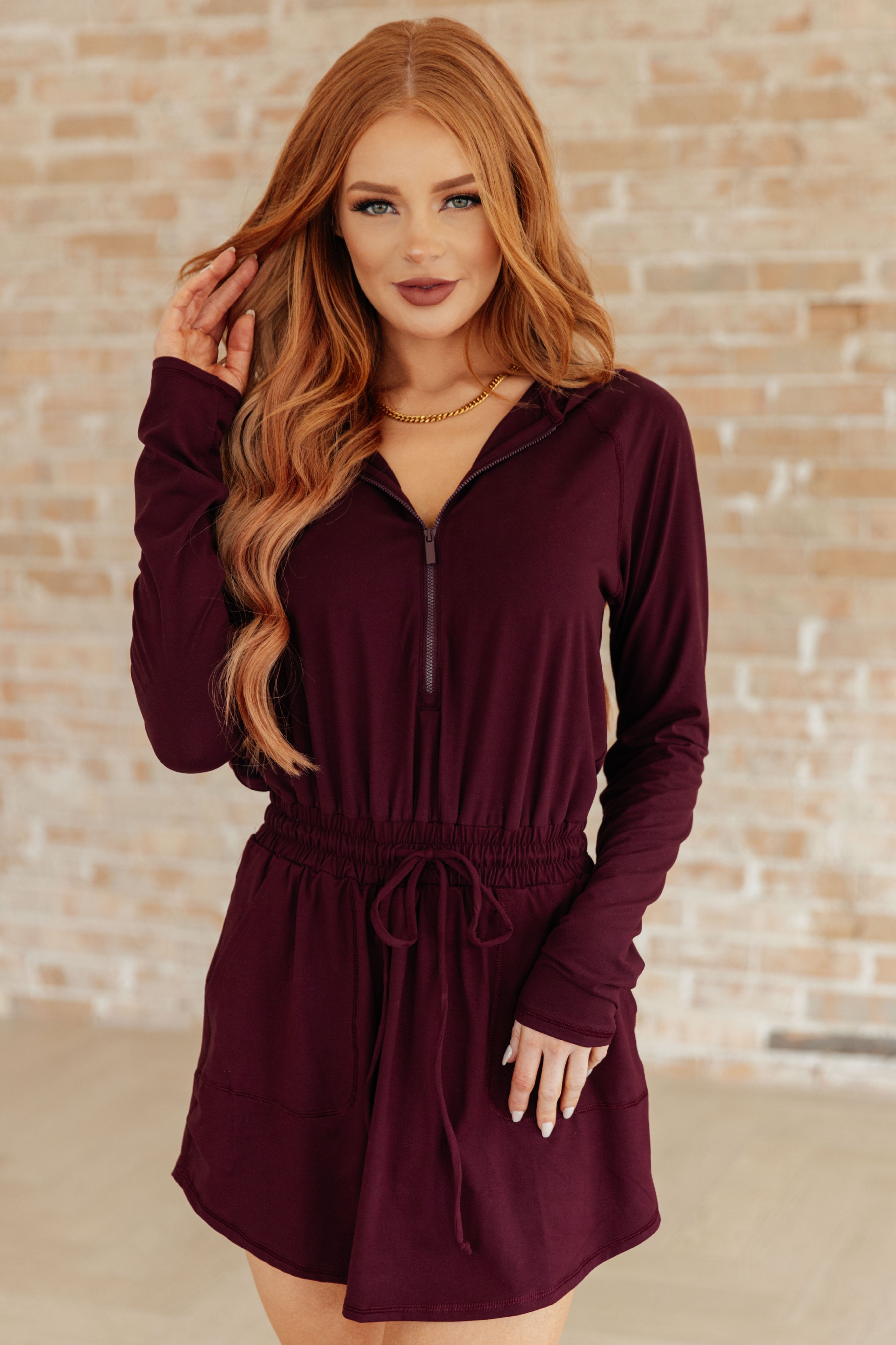 Stylish Maroon Long Sleeve Hoodie Romper for Women - Comfortable Jumpsuit for Casual Outings, Lounge Wear & Fall Fashion