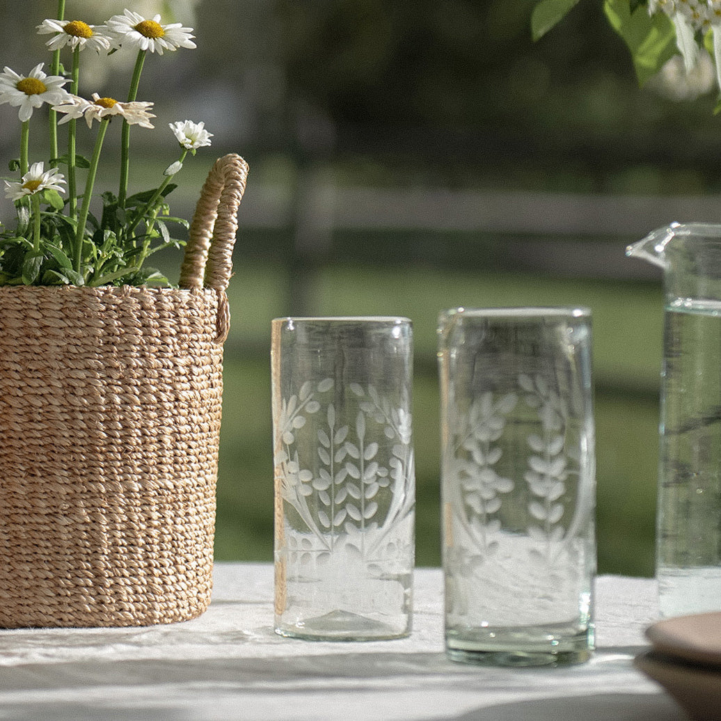 Elegant Hand-Etched Floral Recycled Glassware Set - Eco-Friendly Drinking Glasses for Wine, Juice & Cocktails - Perfect for Parties, Weddings & Home Decor