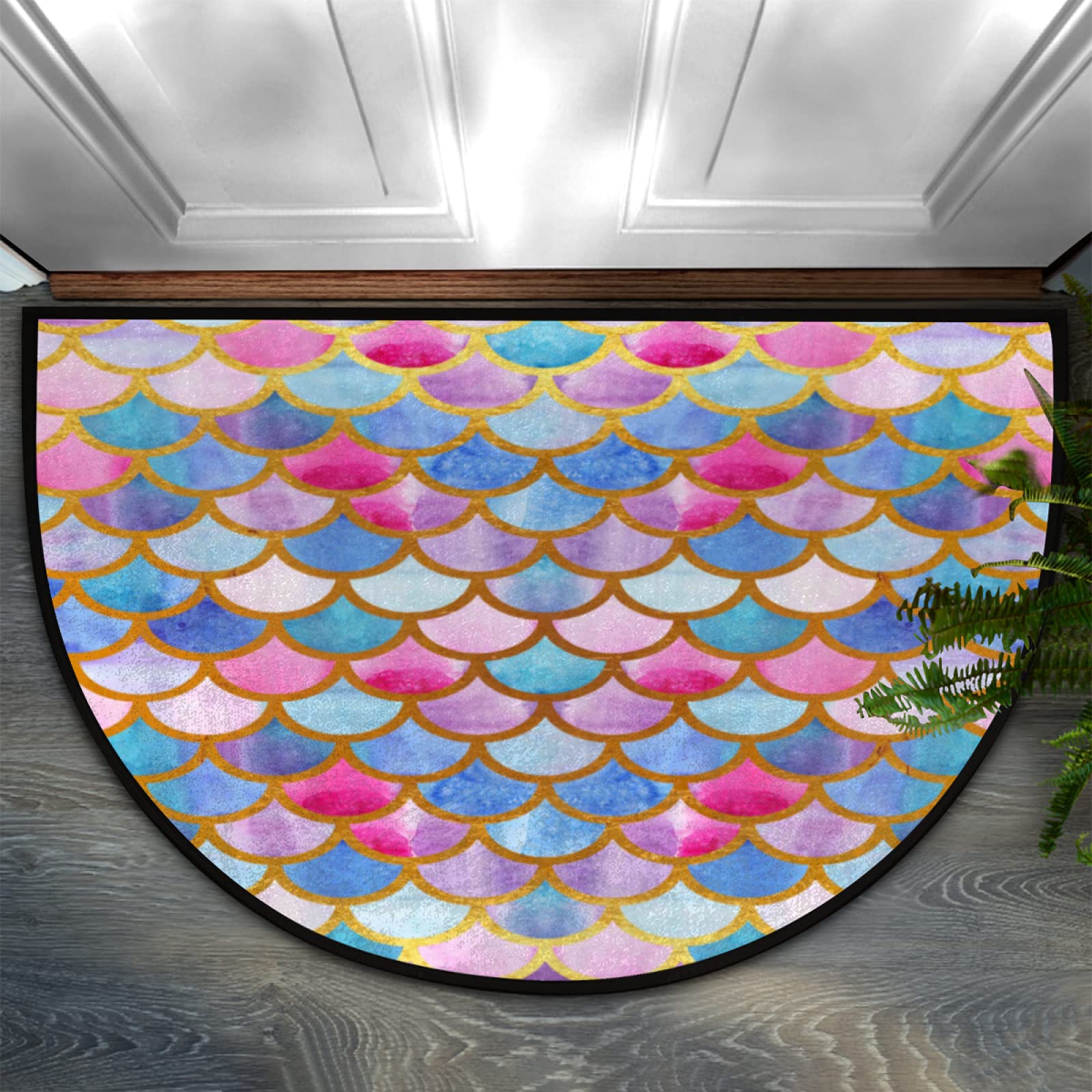 24x36 Inch Mermaid Scales Half Round Door Mat - Non-Slip Outdoor Entrance Rug for High Traffic Areas, Garage, Patio - Semi-Circular Welcome Mat for Front Door Decor & Home Protection