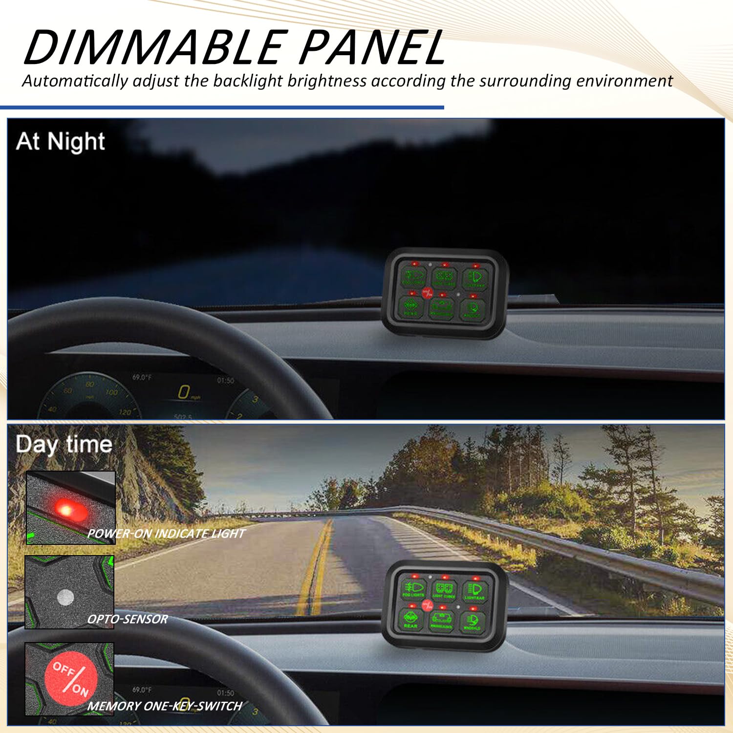 Avenemark 6 Gang Switch Panel - Universal Circuit Control Relay System with Fuse & Wiring Harness - Dimmable ON/OFF LED Switch Pod for Cars, Trucks, Boats, ATV, UTV, SUV - Perfect for Off-Roading, Marine & Vehicle Customization