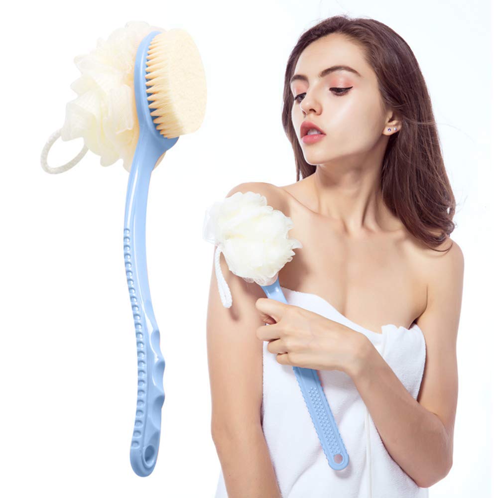 2-in-1 Nuts & Spices Bath Brush with Exfoliating Bristles and Loofah Back Scrubber | Long Curved Handle Shower Brush for Men & Women | Blue Body Brush for Deep Cleansing & Skin Brightening | Perfect for Back Scrubbing, Exfoliation & Spa Days