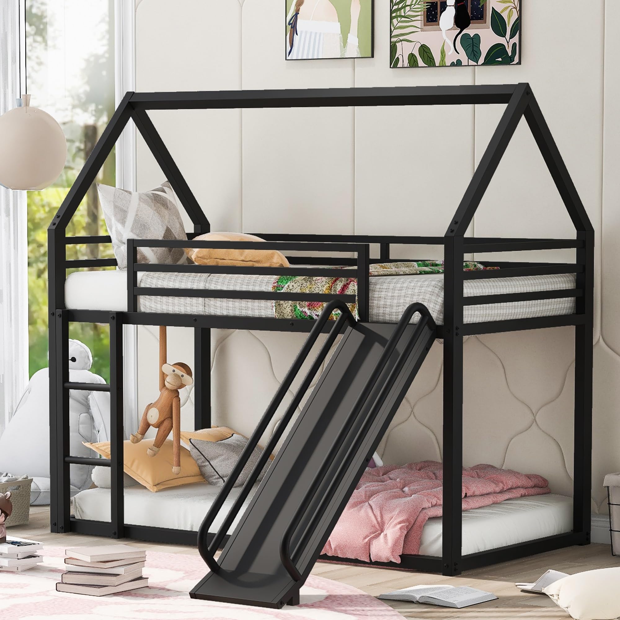 Morhome Twin Over Twin Metal Junior Low Bunk Bed with Slide & Ladder - Montessori Floor Bunk Bed Frame with Full-Length Guardrail, Noise-Free Design - Perfect for Kids' Bedroom, Playroom or Small Space