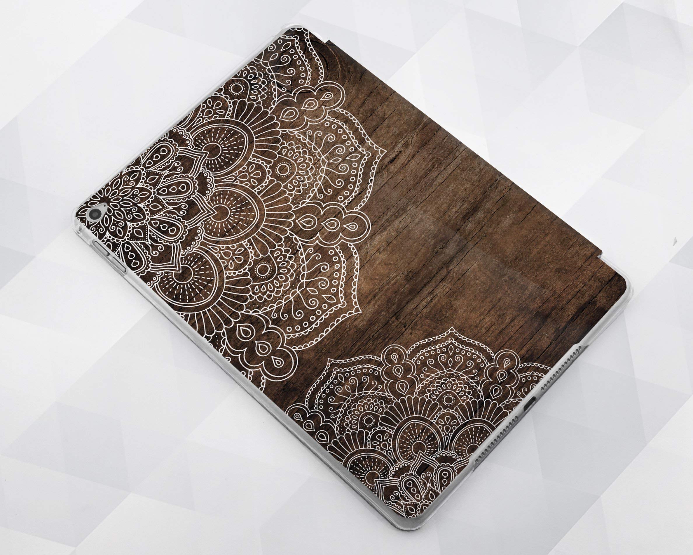 Brown Wood Magnetic Smart Cover with White Mandala Design for iPad 2/3/4, iPad Mini 1/2/3/4/5, iPad Air 2/3, 2019 iPad Pro 9.7/10.5/12.9/11 - Perfect for Work, Travel & Home Use