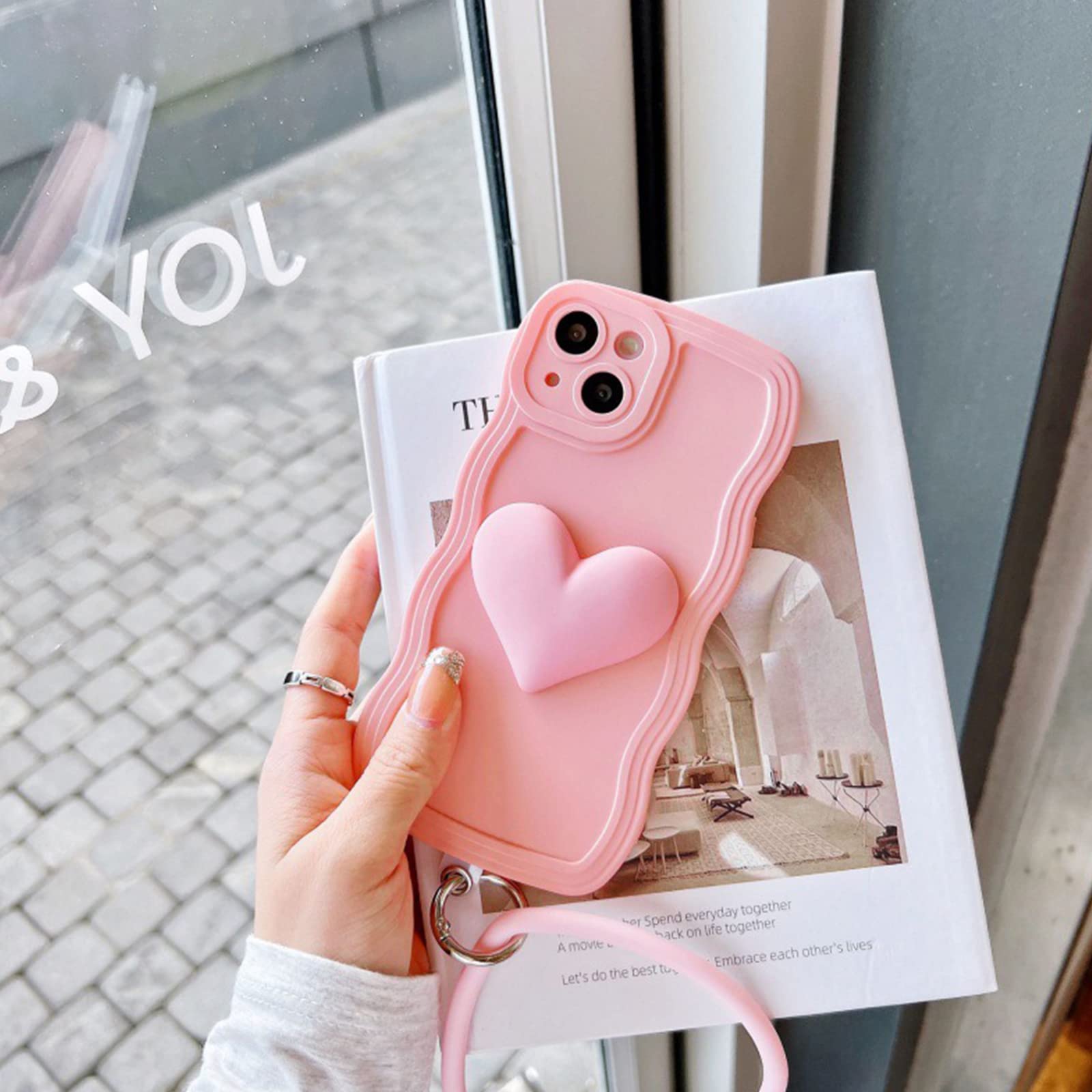 Pink Heart Phone Case for iPhone 14 Pro - Cute 3D Big Love Heart Design with Curly Wave Shape & Matching Bracelet | Perfect Gift for Women & Girls | Valentine's Day, Anniversary, Birthday Present