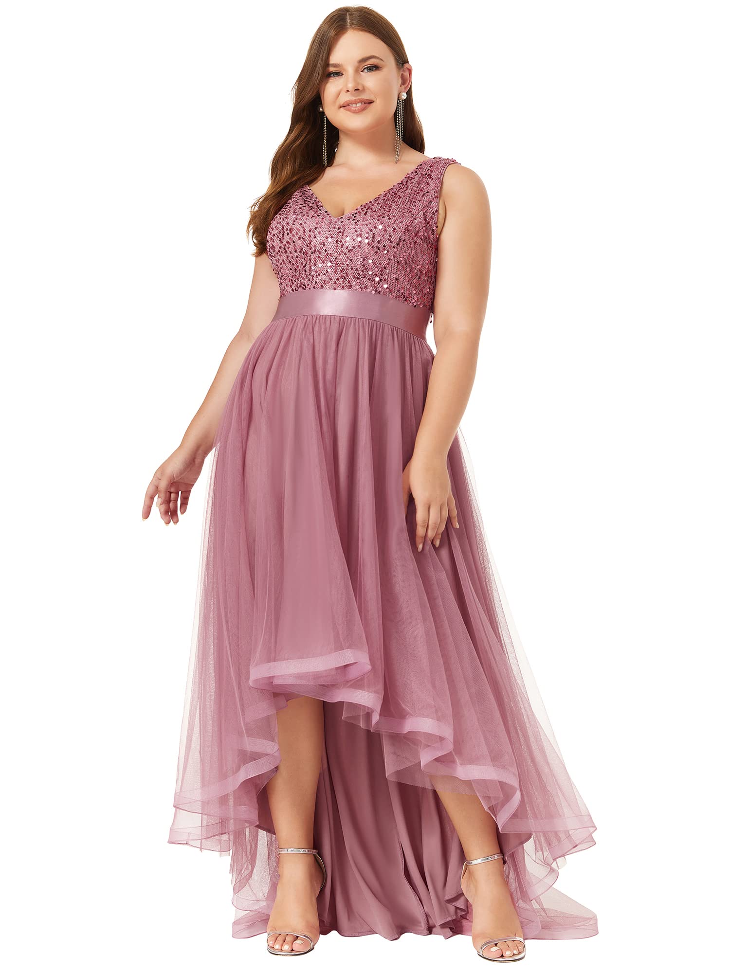 Ever-Pretty Women's Double V-Neck A-Line High-Low Sequin Tulle Plus Size Formal Dress for Curvy Women 0147A-DA | Elegant Evening Gown for Prom, Wedding Guest, Cocktail Party & Special Occasions