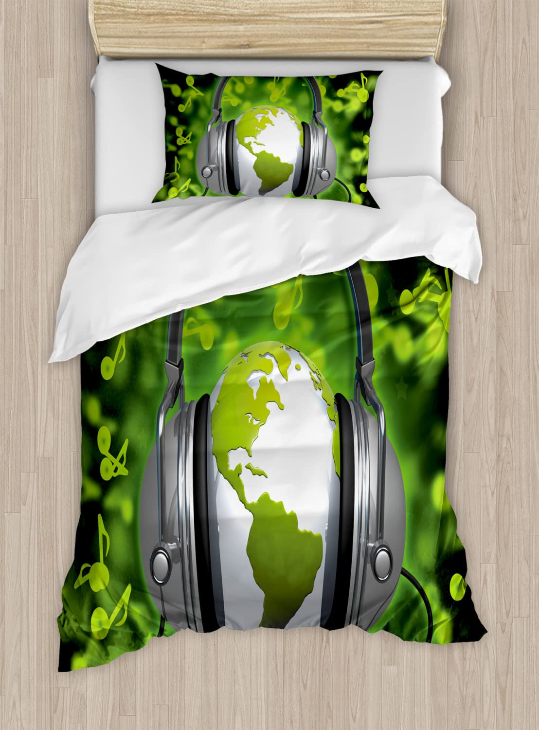 Ambesonne World Music Duvet Cover Set - DJ Headphones, Musical Notes & Globe Design, 2-Piece King Size Bedding with 4 Pillowcases in Lime Green & Grey - Perfect for Music Lovers' Bedrooms & DJ-Themed Decor