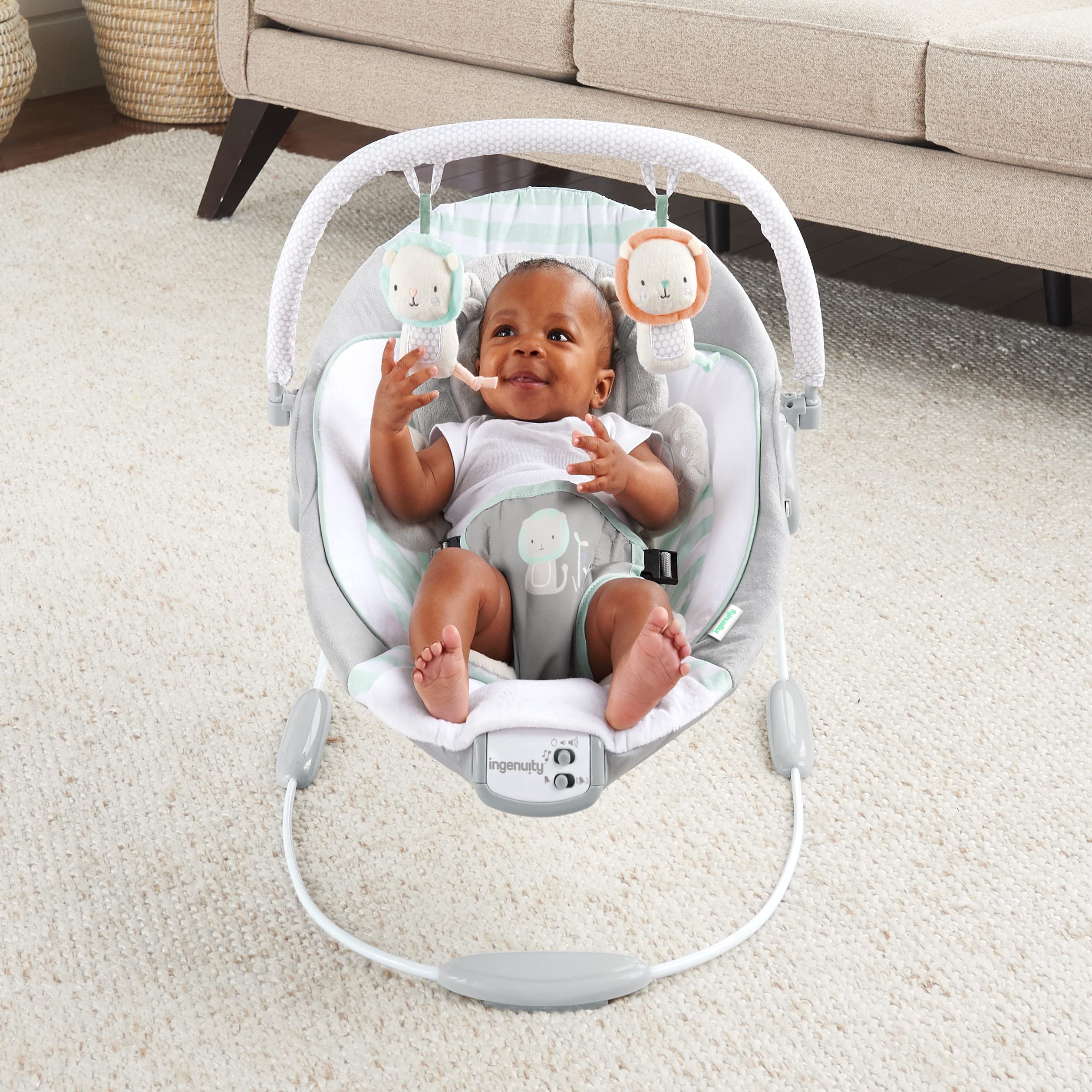 Ingenuity Baby Bouncer Seat with Vibration & Music - Landry The Lion | Portable Infant Bouncer with Soothing Vibrations & Lullabies | Perfect for Newborns, Playtime & Nursery Comfort