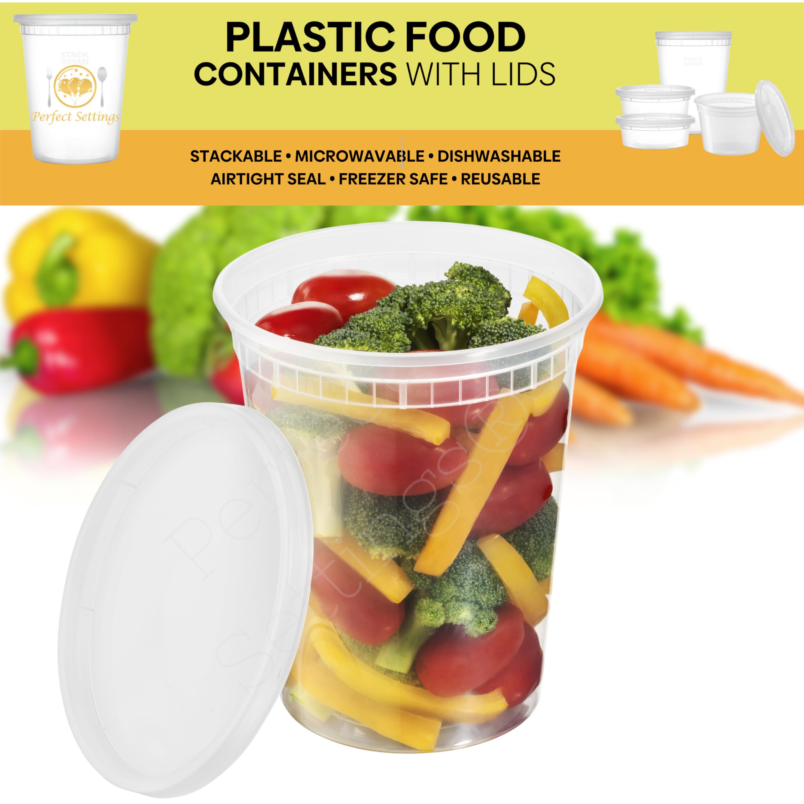 32oz Deli Containers with Lids (24-Pack) - Leakproof, Stackable & Microwave Safe Plastic Food Storage Containers - Ideal for Meal Prep, Leftovers, Soup Storage, Freezer Use & Takeout