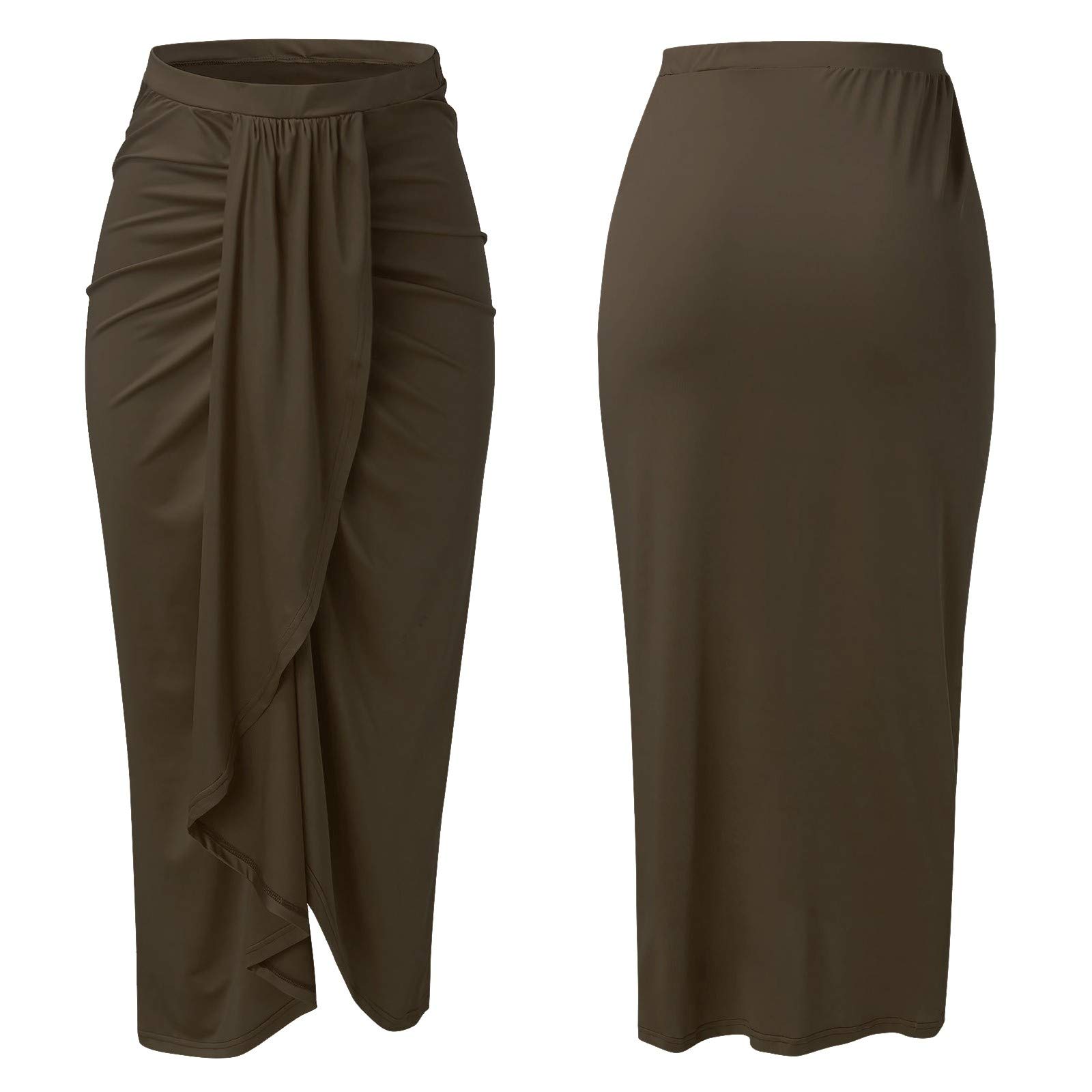 Women's Maxi Skirt - Draped Casual Wrap Waist Skirt with High Slit & Elastic Waistband, Asymmetrical Solid Coffee Color - Perfect for Summer Outfits, Beach Vacations and Boho Chic Style
