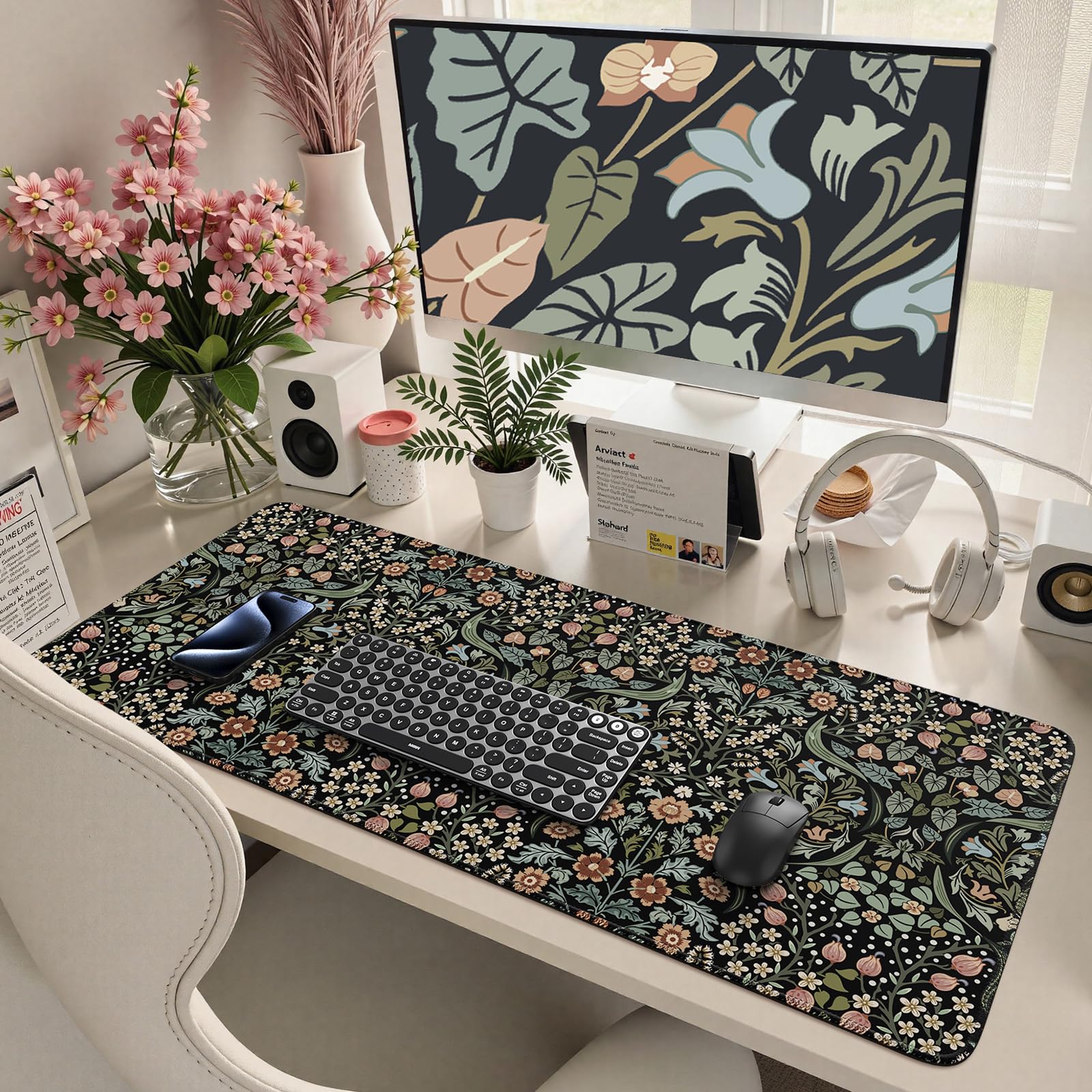HAOCOO XXL Non-Slip Desk Mat with Stitched Edge - Extra Large Keyboard and Mouse Pad for Office & Gaming, Floral Design (Black) - Perfect for Workstations, Home Offices, and PC Gaming Setups
