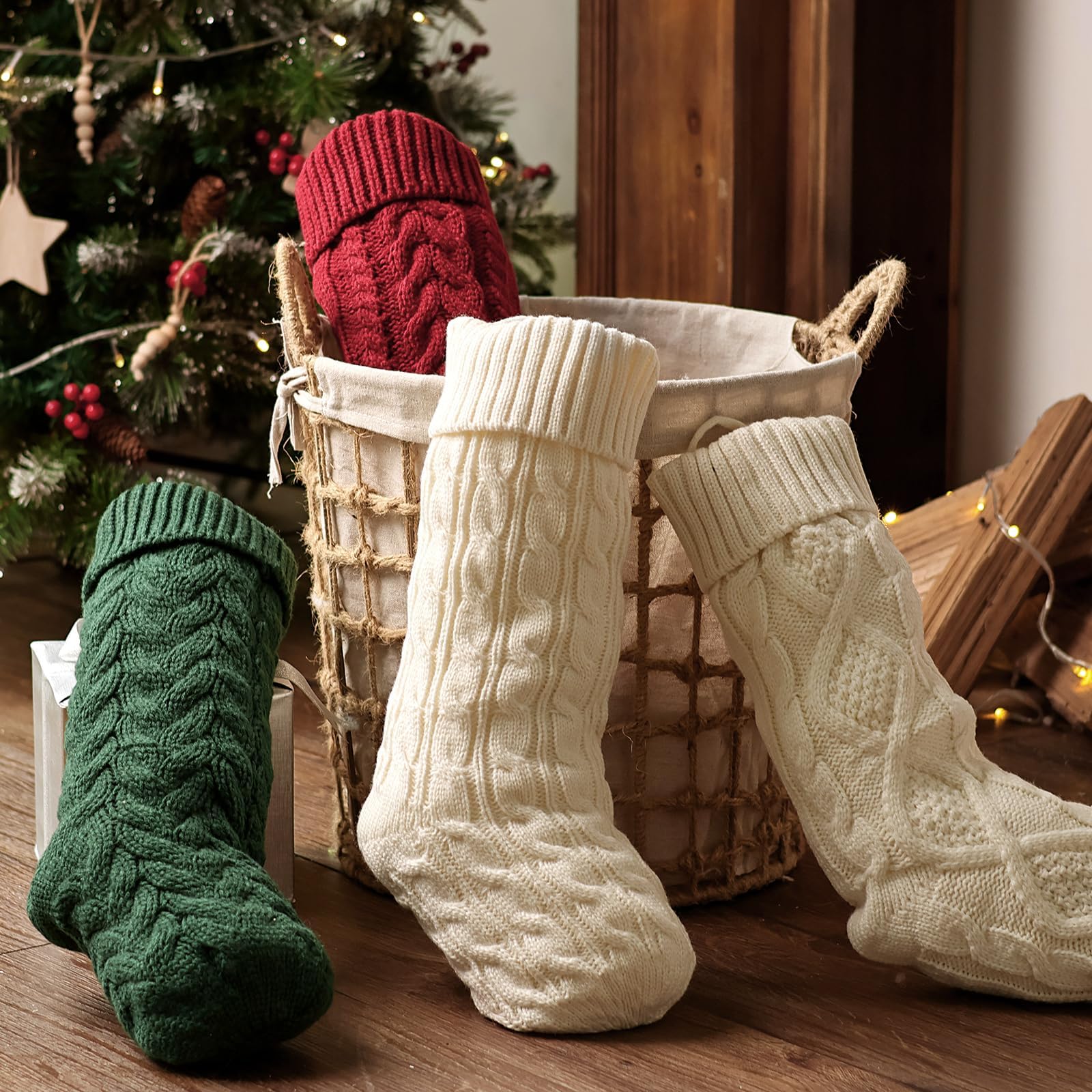 LimBridge Cable Knit Christmas Stockings - 4 Pack 18 Inch Large Knitted Holiday Stockings, Rustic Farmhouse Beige Boho Style Xmas Decor for Fireplace Mantel, Tree & Gift Exchange | Red, Green & White Holiday Decorations for Family & Festive Home Decor