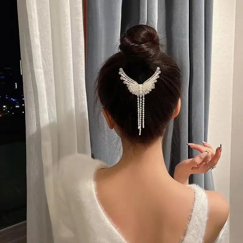 Savita Collection Wing Style Metal Hair Claw Clip for Fine or Thin Hair - Pearl Chain Hair Comb for Women and Girls (Pack of 1) - Perfect for Updos, Ponytails & Everyday Hairstyles