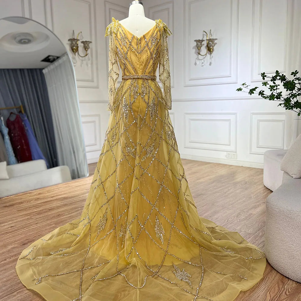Luxury Dubai Evening Dresses for Women - Gold Beaded Mermaid Gown with Overskirt | Muslim Wedding Party Dress 2025 | Perfect for Formal Events, Red Carpet & Special Occasions