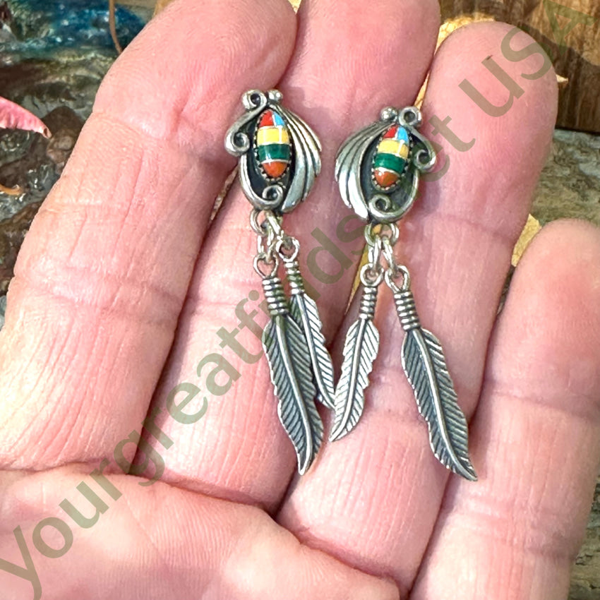 Vintage Sterling Silver Channel Inlay 2 Feather Earrings - Handmade Boho Jewelry for Women - Perfect for Fall Fashion, Thanksgiving, and Holiday Parties