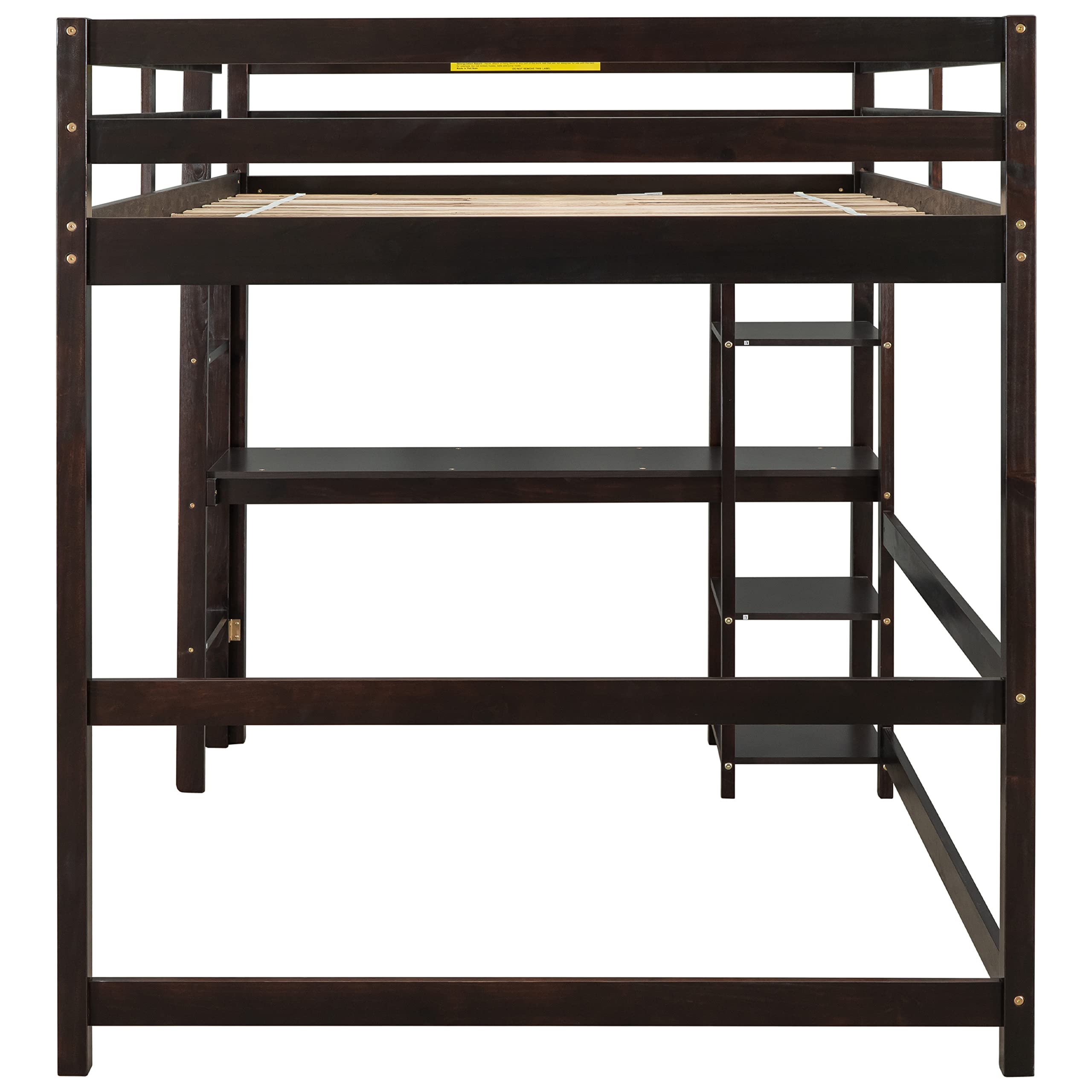 **Solid Pine Wood Full Loft Bed with Desk & Storage Shelf - Sturdy Espresso Loft Bed for Kids & Teens - No Box Spring Needed - Perfect for Small Bedrooms & Dorm Rooms**