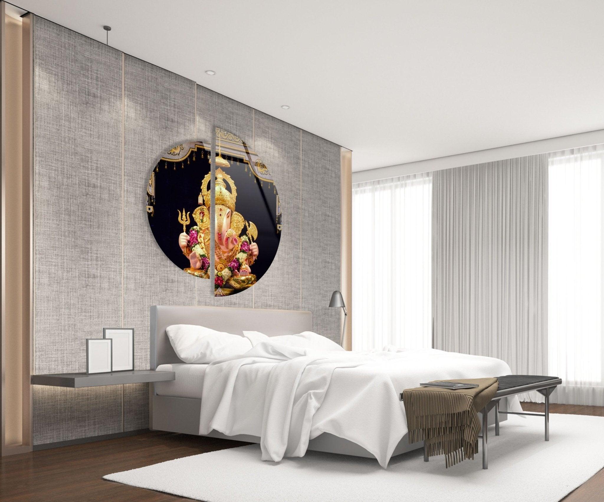 2 Piece Hindu God Ganesha Statue Glass Wall Art Decor for Home & Office - Elegant Religious Wall Hanging for Pooja Room, Meditation Space, and Spiritual Gift