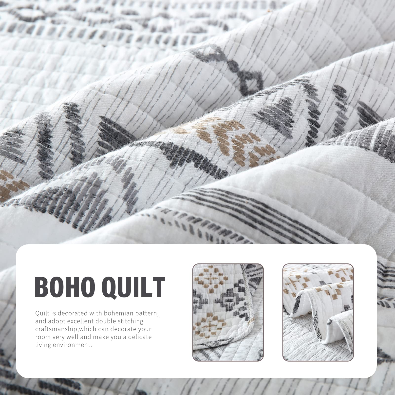 Y-PLWOMEN 100% Cotton King Size Boho Quilt Set - Lightweight Bohemian Bedspread for All Seasons (3-Piece, White) | Perfect for Master Bedrooms, Guest Rooms & Bohemian Home Decor