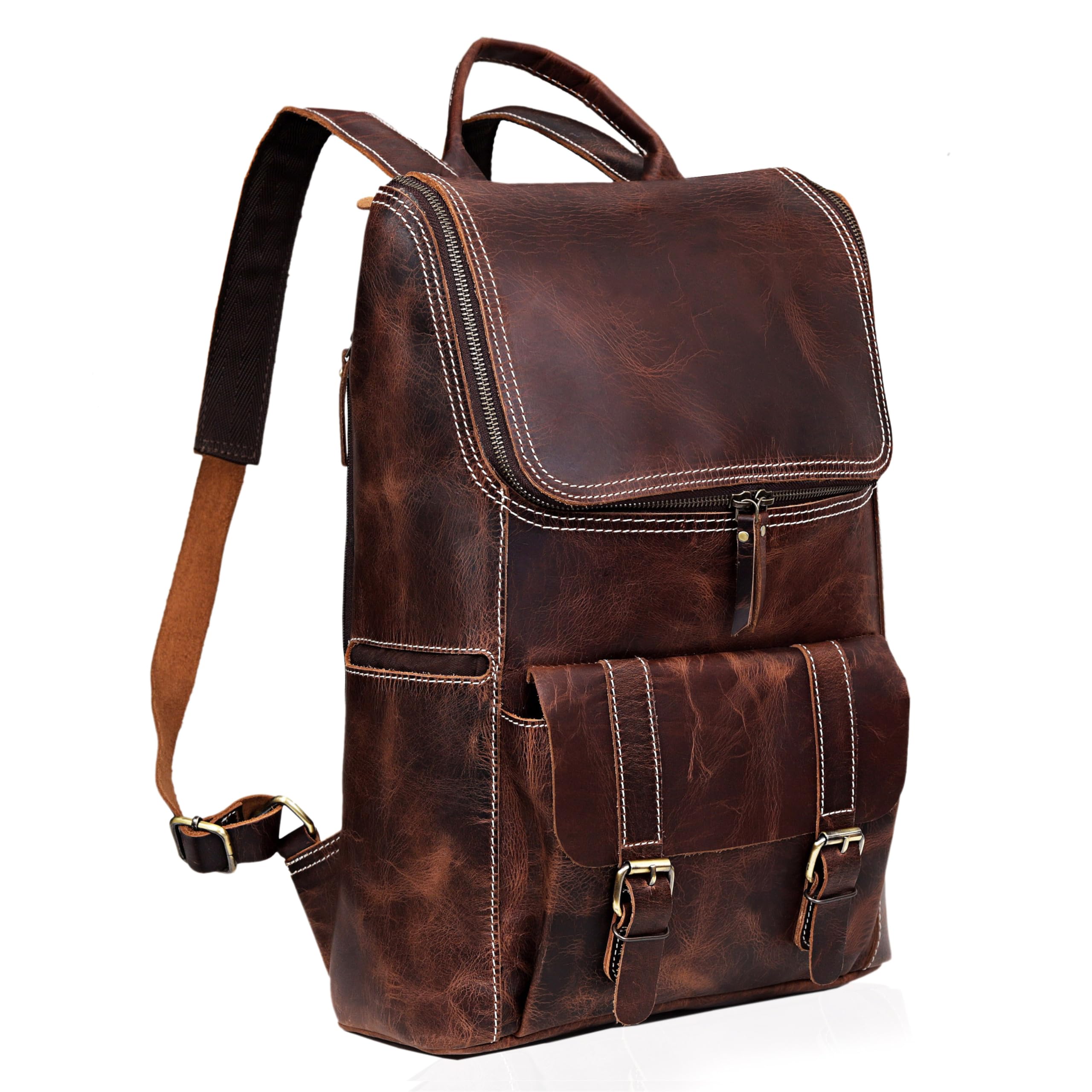 Premium Full Grain Leather Backpack for Men & Women - 17 Inch Vintage Laptop Bag - Durable Travel Rucksack & Casual Daypack (Brown) - Perfect for Work, College & Outdoor Adventures