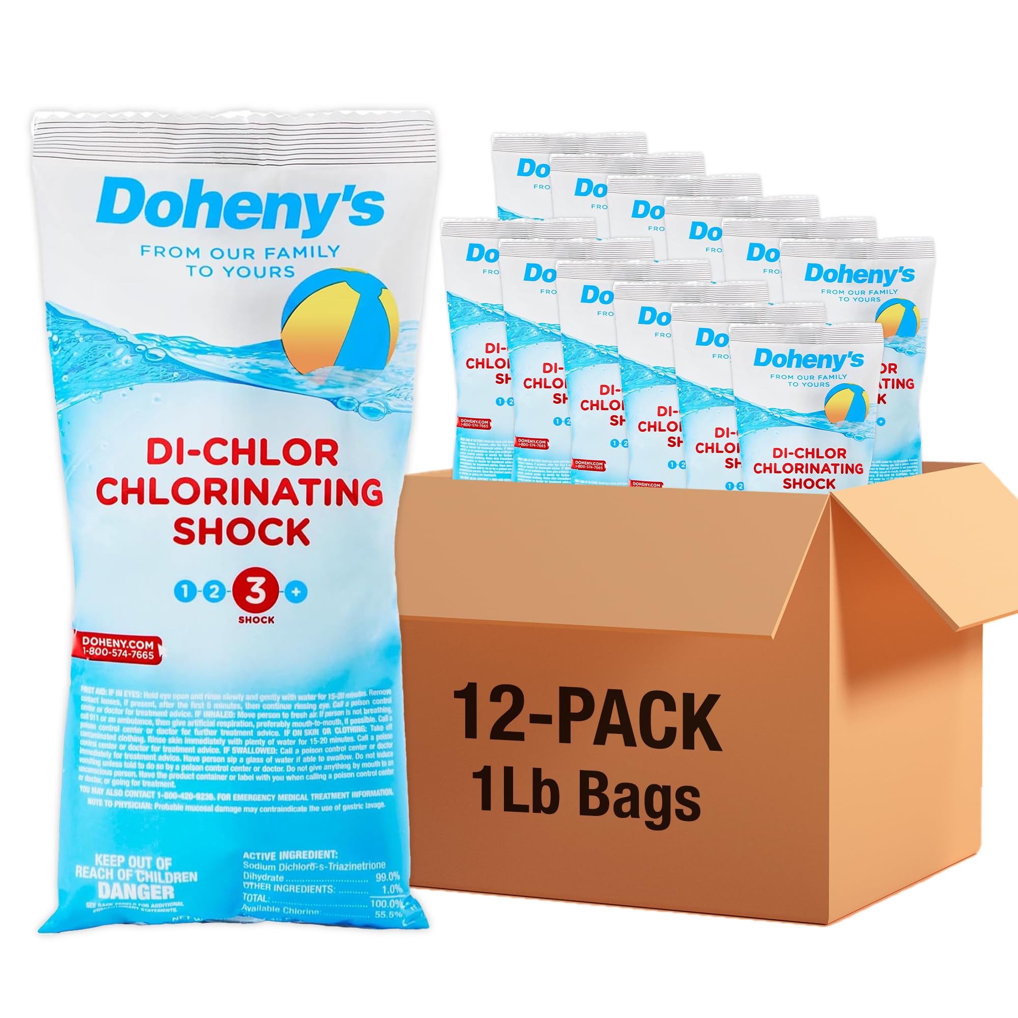 Doheny's Di-Chlor Shock Pool Chlorine - 12 Pack of 1 lb. Bags for Swimming Pool Maintenance & Water Treatment