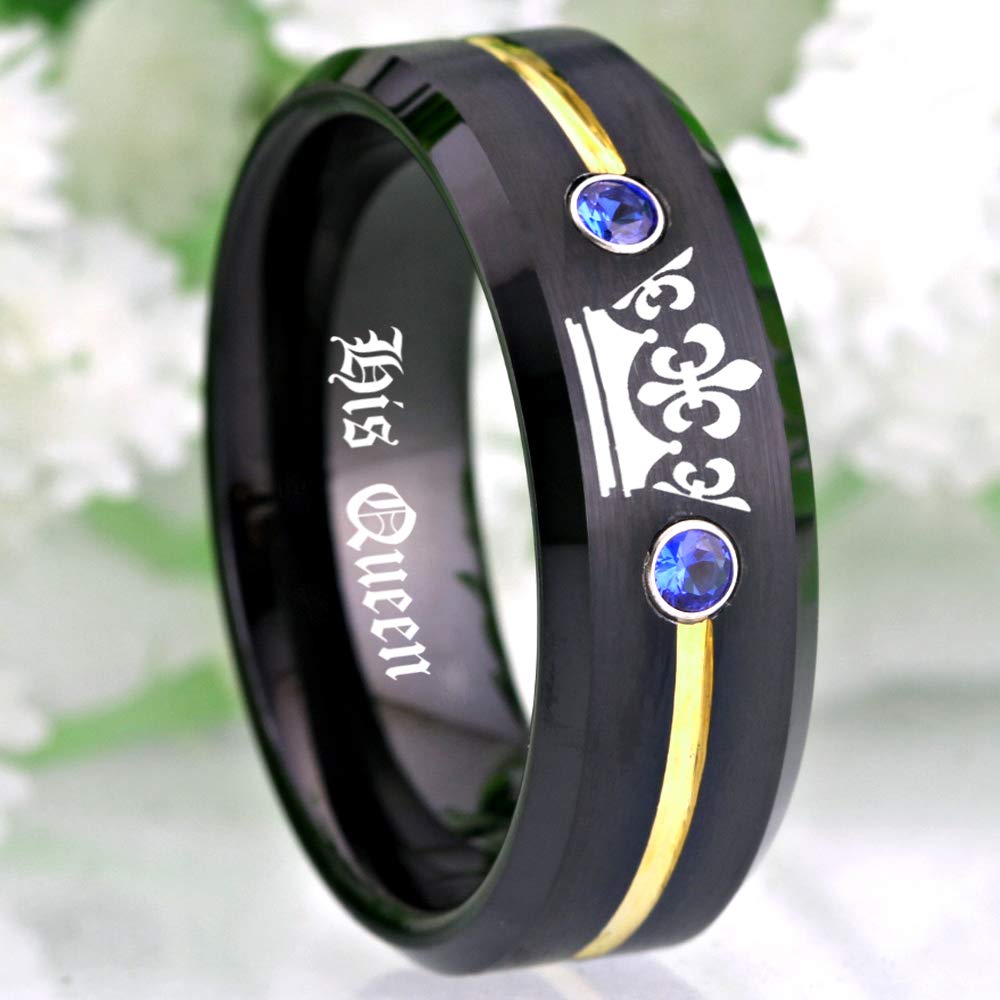 Custom Engraved His & Hers Tungsten Carbide Wedding Rings Set - Black Matching Couple Bands with White CZ Stones for Engagement, Promise or Anniversary - Perfect Gift for Couples & Romantic Occasions