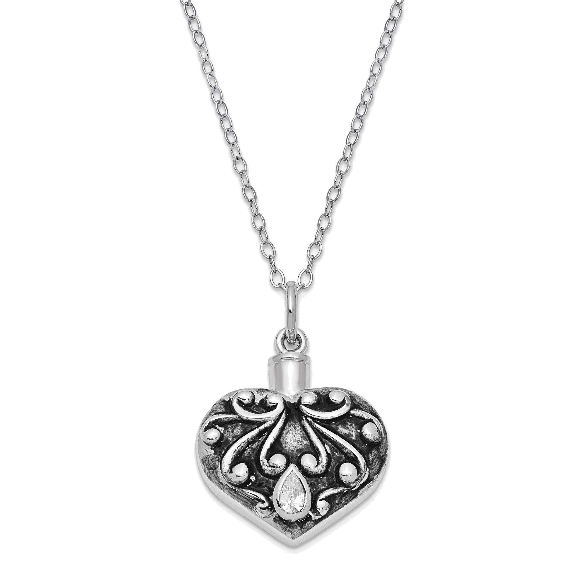 Bonyak Sterling Silver Antique CZ Heart Memorial Necklace - 18 Inch Cremation Jewelry for Ashes Keepsake, Perfect for Remembrance & Sympathy Gifts