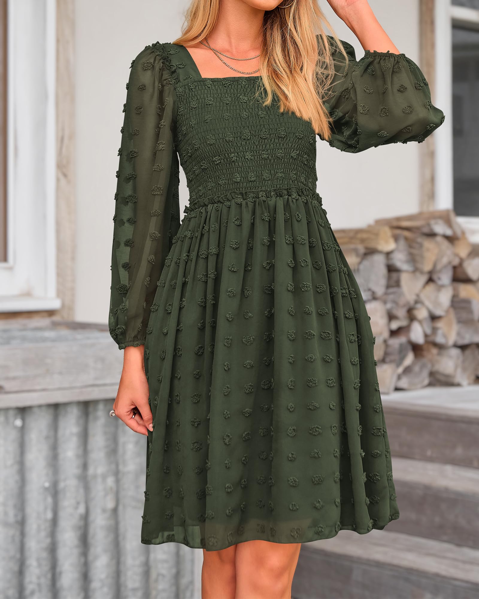 BTFBM Women's Floral Swiss Dot Smocked Mini Dress - Square Neck Long Sleeve Boho Wedding Guest Dress for Spring Summer 2025 | Perfect for Garden Parties, Bridal Showers & Date Nights
