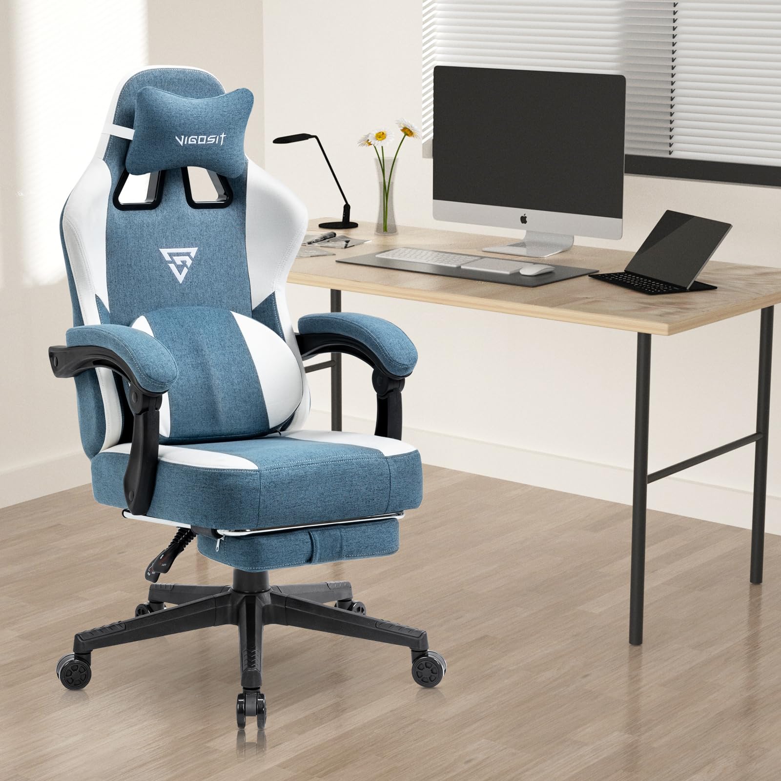**Ergonomic Gaming Chair PRO - Heavy Duty Office Desk Computer Chair with Lumbar Support & Footrest - Big & Tall Mesh Gamer Chair with Cushion for Adults (Light Blue) - Perfect for Esports, Streaming & Long Work Sessions**