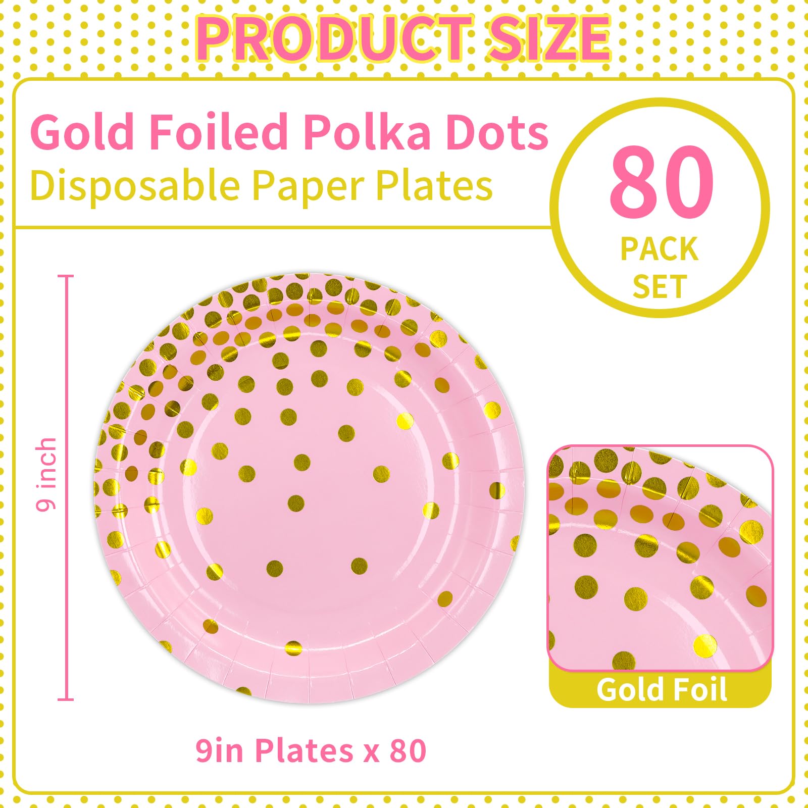DYLIVeS 80 Count Pink and Gold 9 Inch Disposable Paper Plates - Metallic Foil Polka Dot Design for Desserts, Cocktails & Party Decorations | Perfect for Birthday, Bridal Shower, Easter, Graduation & Special Events