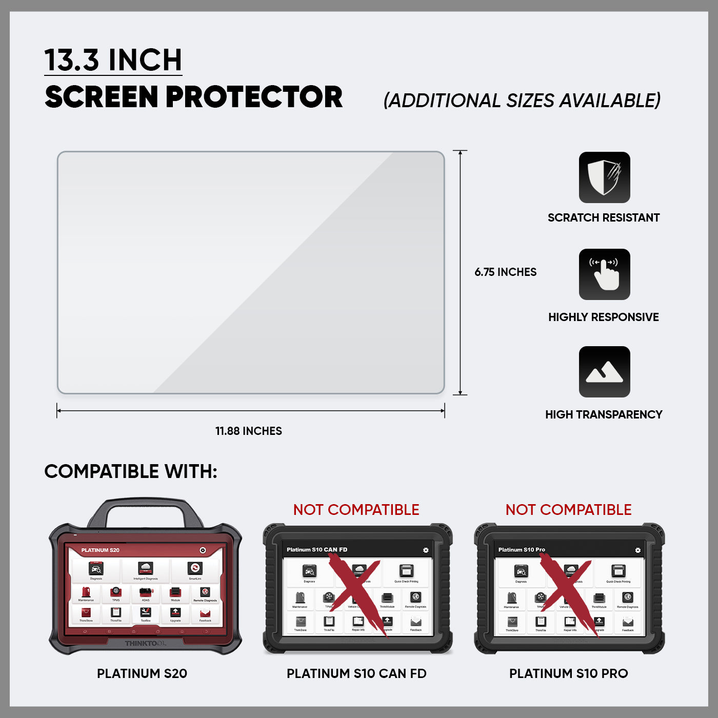 13.3 Inch Screen Protector for Thinkcar PLATINUM S20 Vehicle Diagnostic Scanner - Anti-Glare & Scratch Resistant - Perfect for Auto Repair Shops & DIY Car Diagnostics