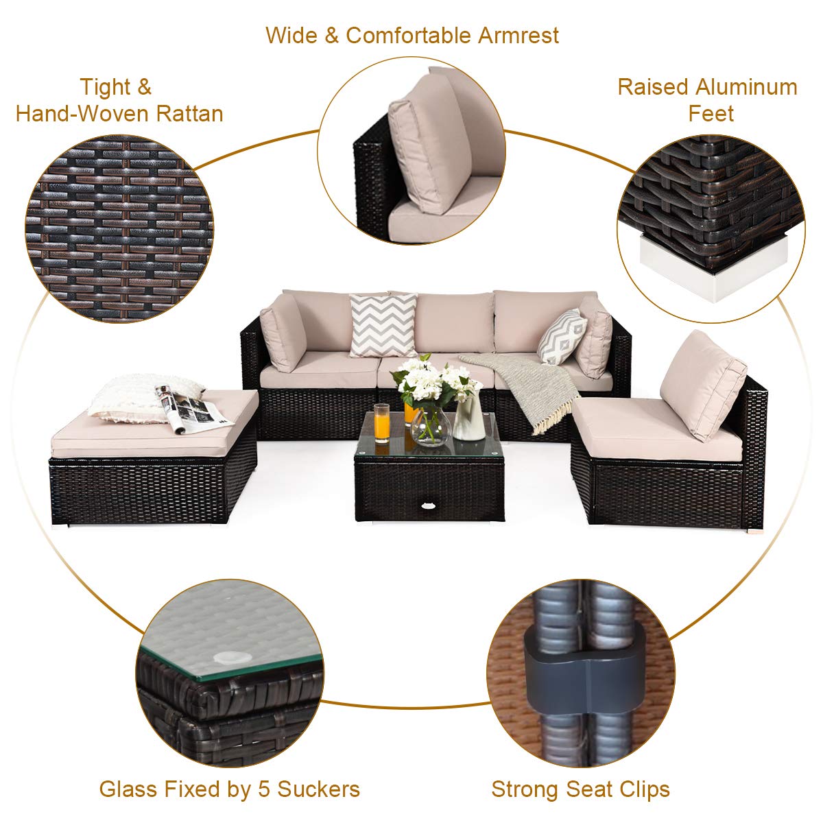 **Tangkula 6-Piece Patio Furniture Set - Outdoor Wicker Sectional Sofa with Coffee Table, Durable Steel Frame & PE Rattan, Beige - Perfect for Backyard, Deck, Lawn, and Garden Relaxation**