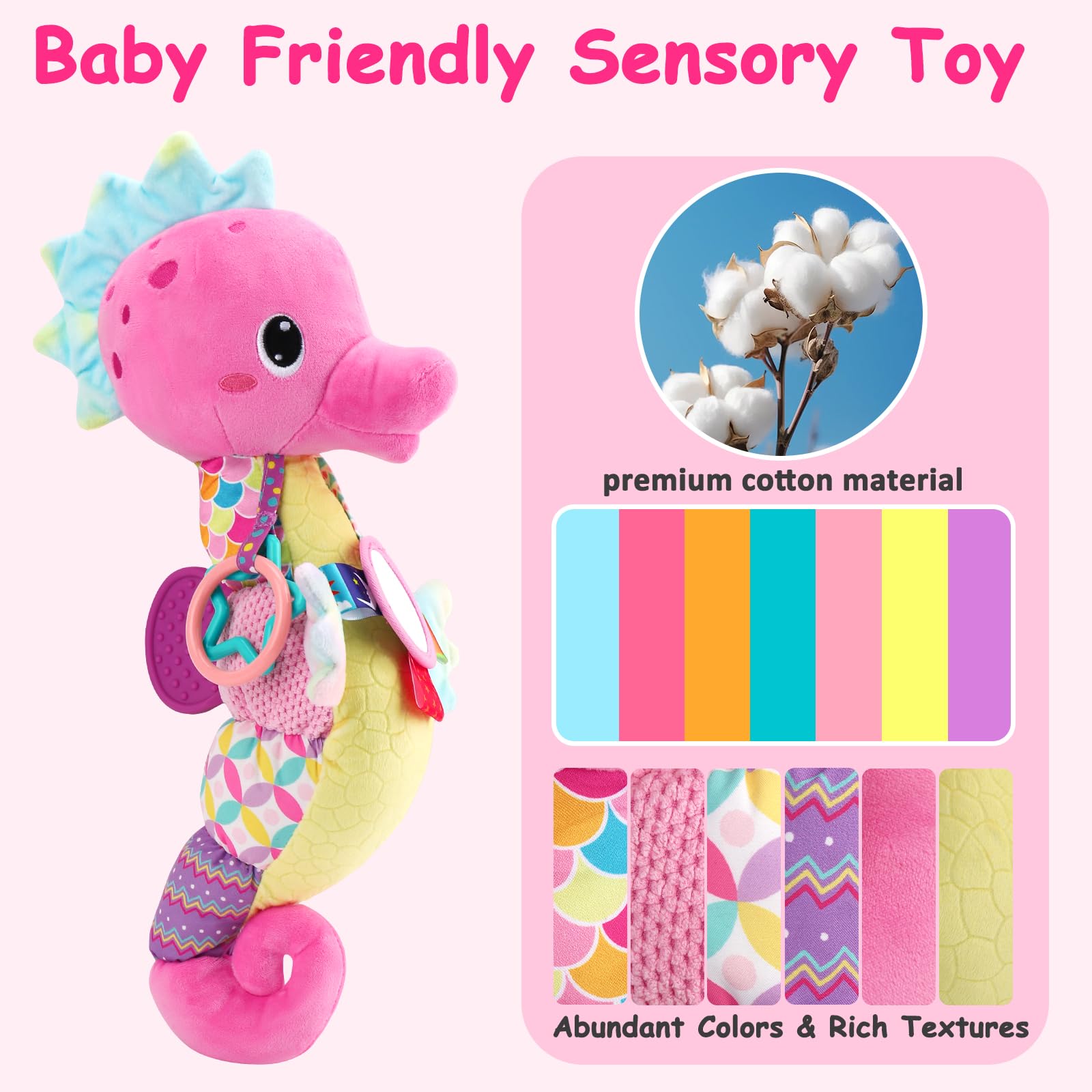 Soft Plush Baby Toys with Mirror, Rattle & Crinkle - Sensory Stuffed Animals for Newborns 0-12 Months | Teething & Developmental Toys for Infant Girls & Boys | Perfect for Tummy Time, Crib Play & Early Learning
