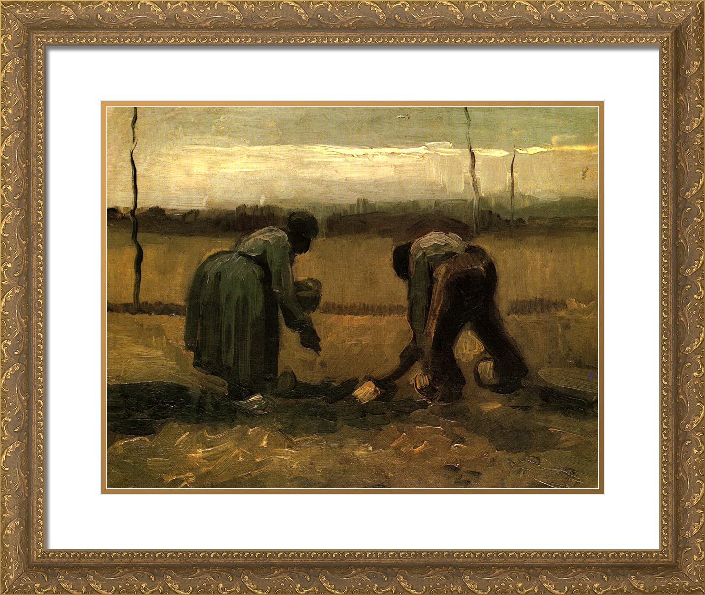 Van Gogh Peasant and Peasant Woman Planting Potatoes 24x20 Gold Ornate Framed Art Print with Double Matting - Perfect for Living Room, Bedroom & Office Wall Decor