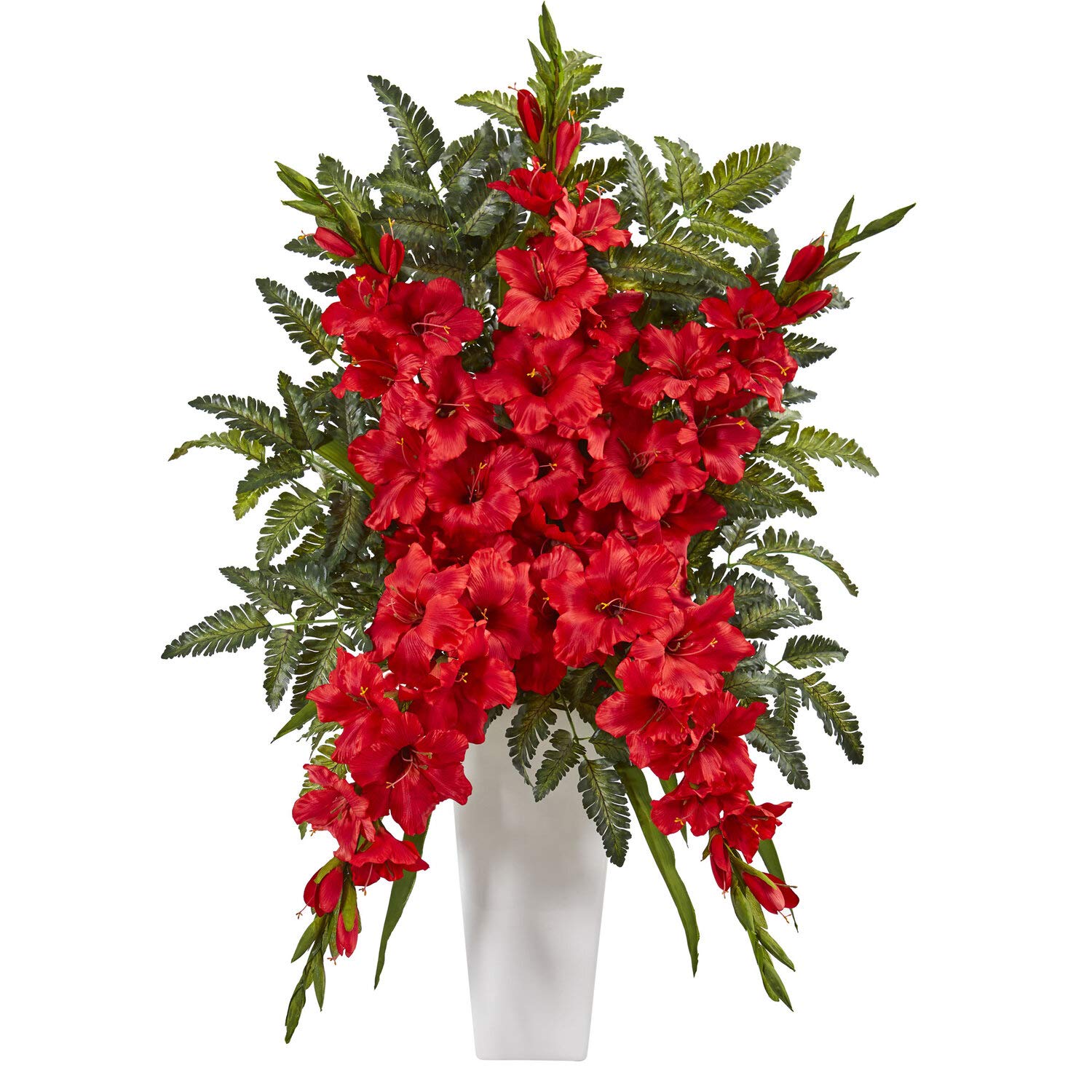 Nearly Natural Gladiolas & Fern Artificial Silk Flower Arrangement in White Vase - Red Blooms for Home Decor, Wedding Centerpieces & Office Tabletop Displays