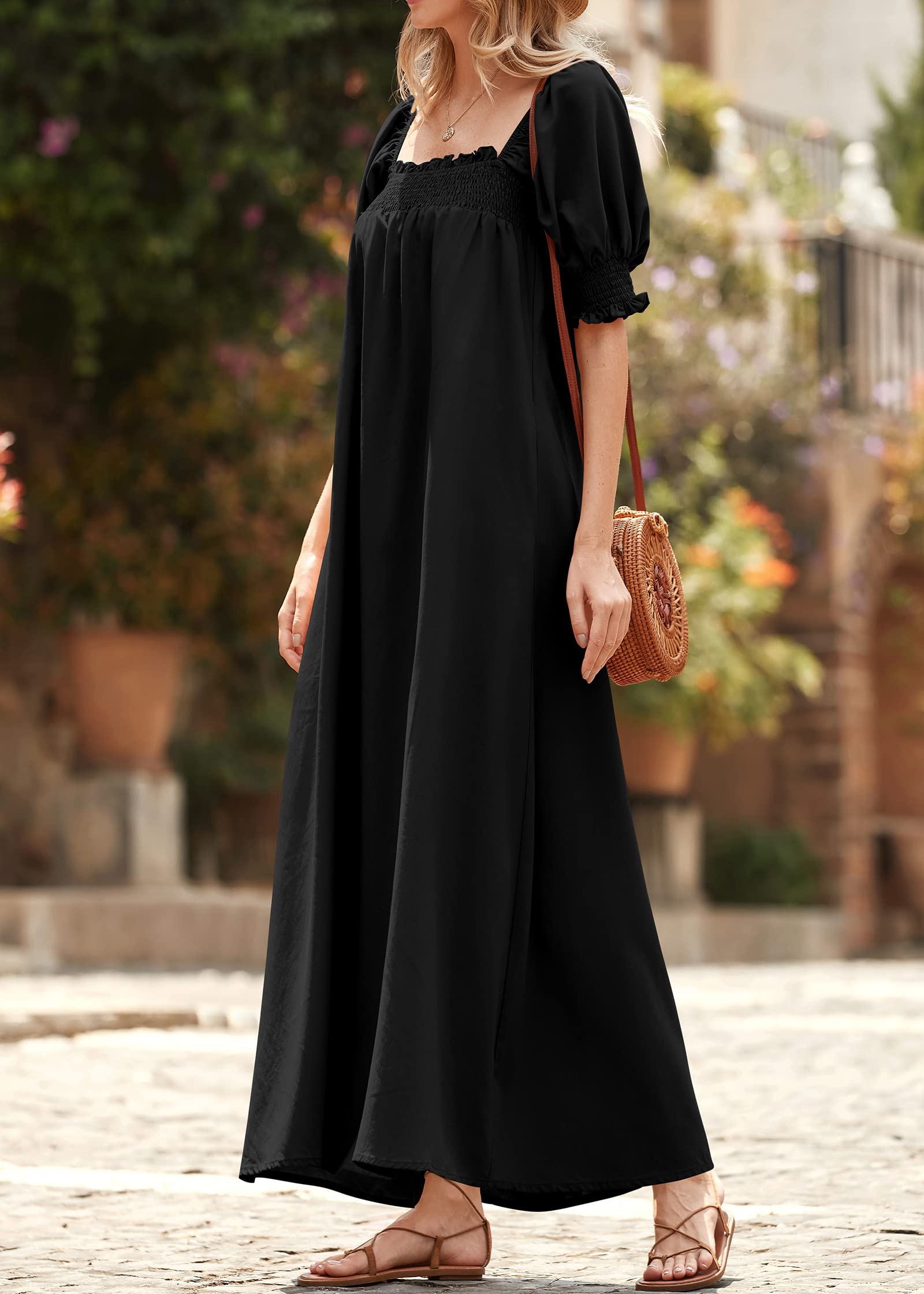 KIRUNDO Women's 2025 Summer Maxi Dress - Casual Loose Puff Sleeve Square Neck Maternity Beach Dress with Pockets | Flowy Long Dress for Pregnancy, Vacation, and Outdoor Activities