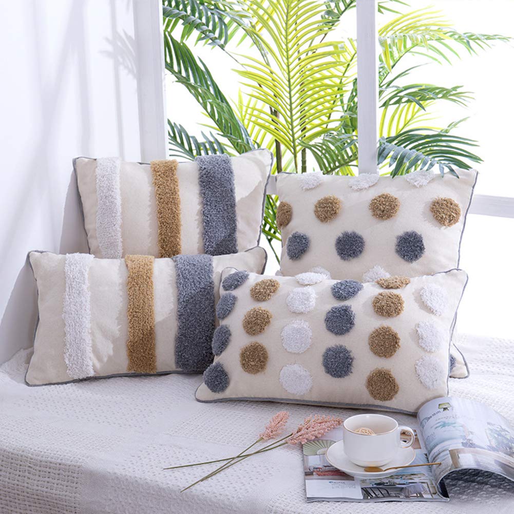 VCTOPS Decorative Boho Throw Pillow Covers 12x20 Inch - Woven Stripe Tufted Lumbar Pillow Cases for Sofa, Bed, Living Room - Moroccan Farmhouse Accent Pillows - Perfect for Home Decor, Cozy Reading Nook & Boho Chic Style