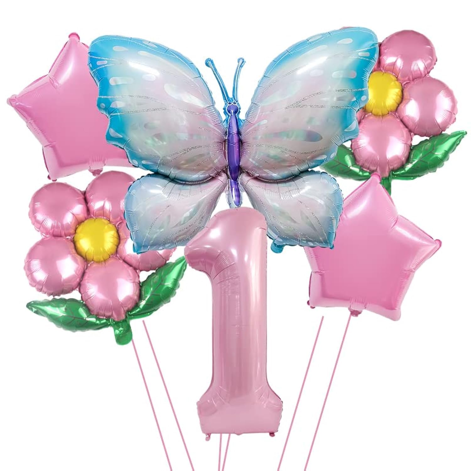 Pink & Blue Butterfly Foil Balloons for 1st Birthday Party Decorations - Fairy Floral Balloons for Girls First Birthday, Baby Shower Supplies - Perfect for Birthday Backdrops, Cake Smash Photos & Nursery Decor