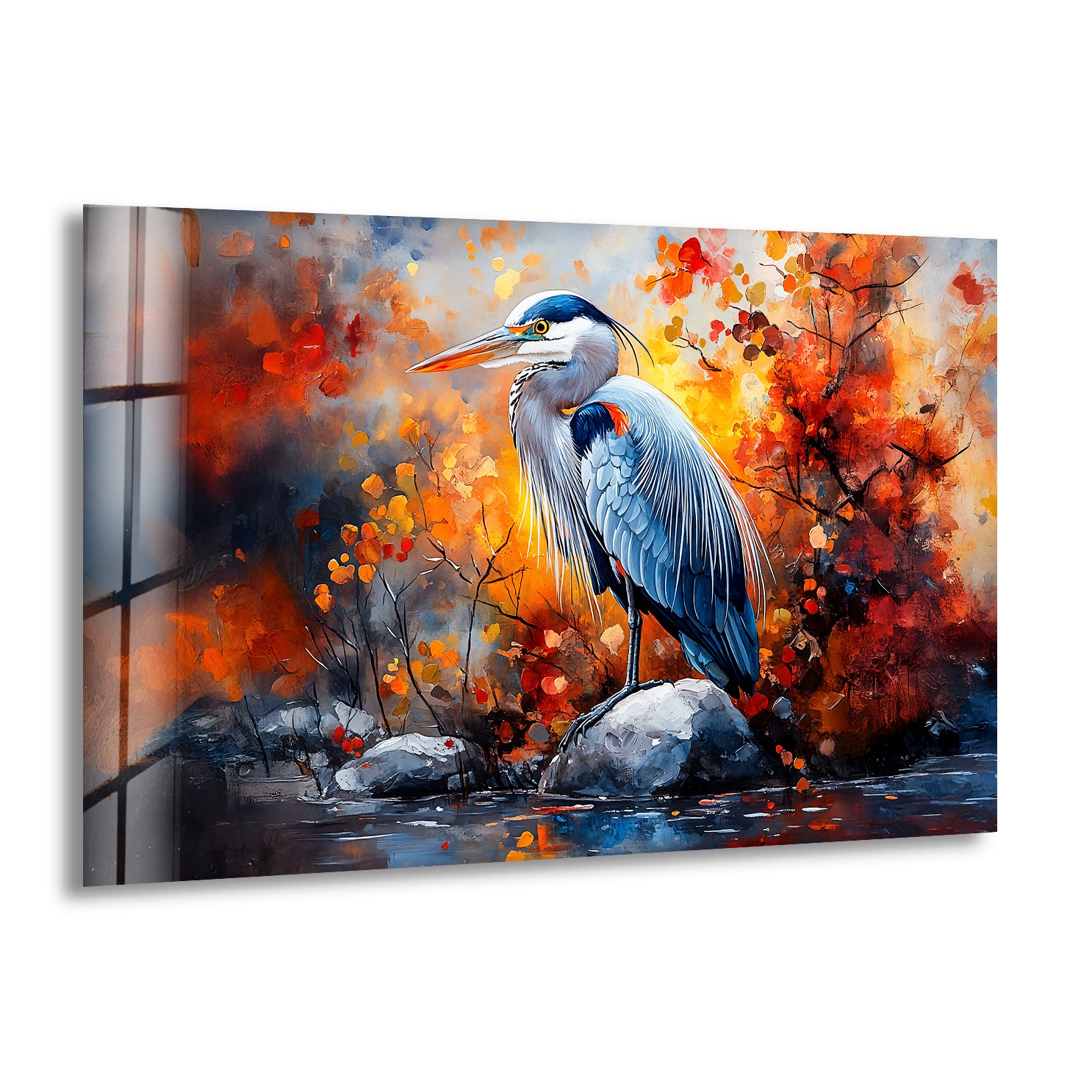 Autumn Majesty - Heron in Fiery Foliage Glass Wall Art Decor | Stunning Nature-Themed Home & Office Decoration | Perfect for Living Room, Bedroom or Gift
