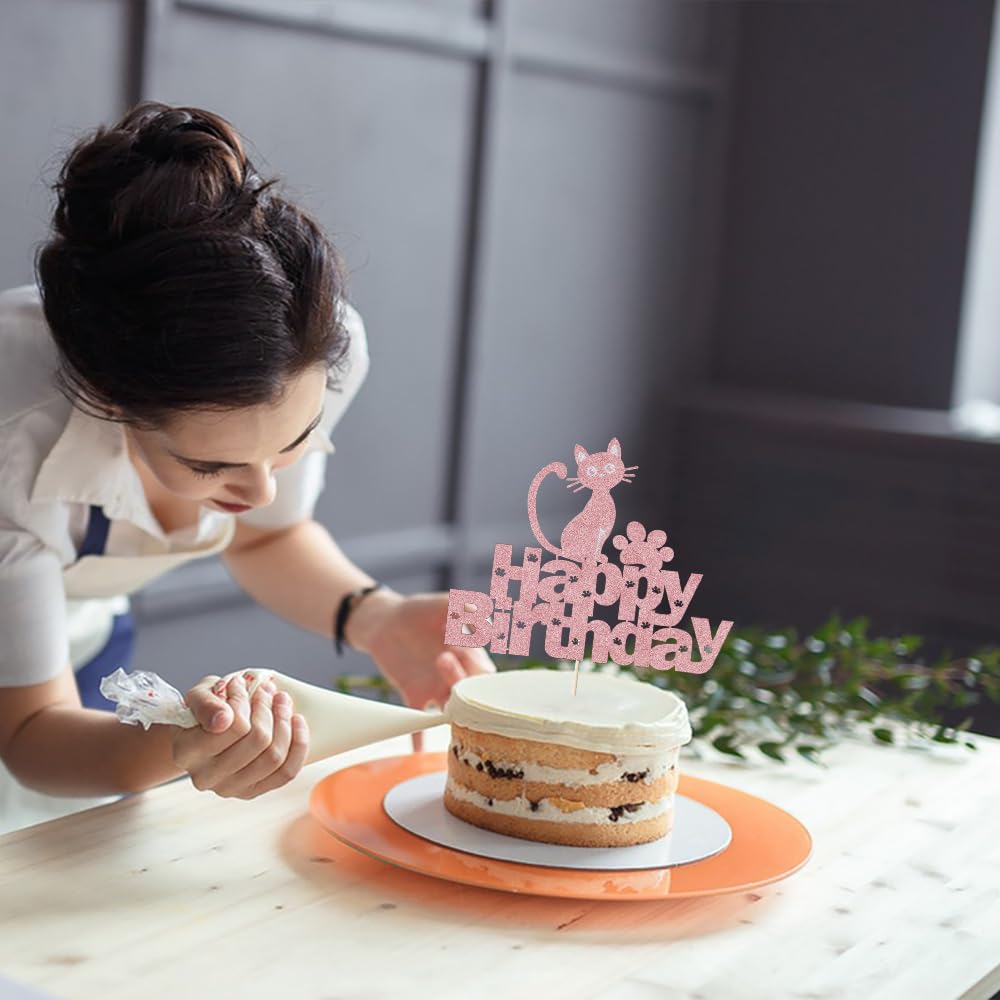 Happy Birthday Cake Topper - Sleyberoy Cat & Animal Theme for Baby Shower, Birthday Party Supplies for Boys & Girls | Perfect for Cakes, Cupcakes & Dessert Decorations