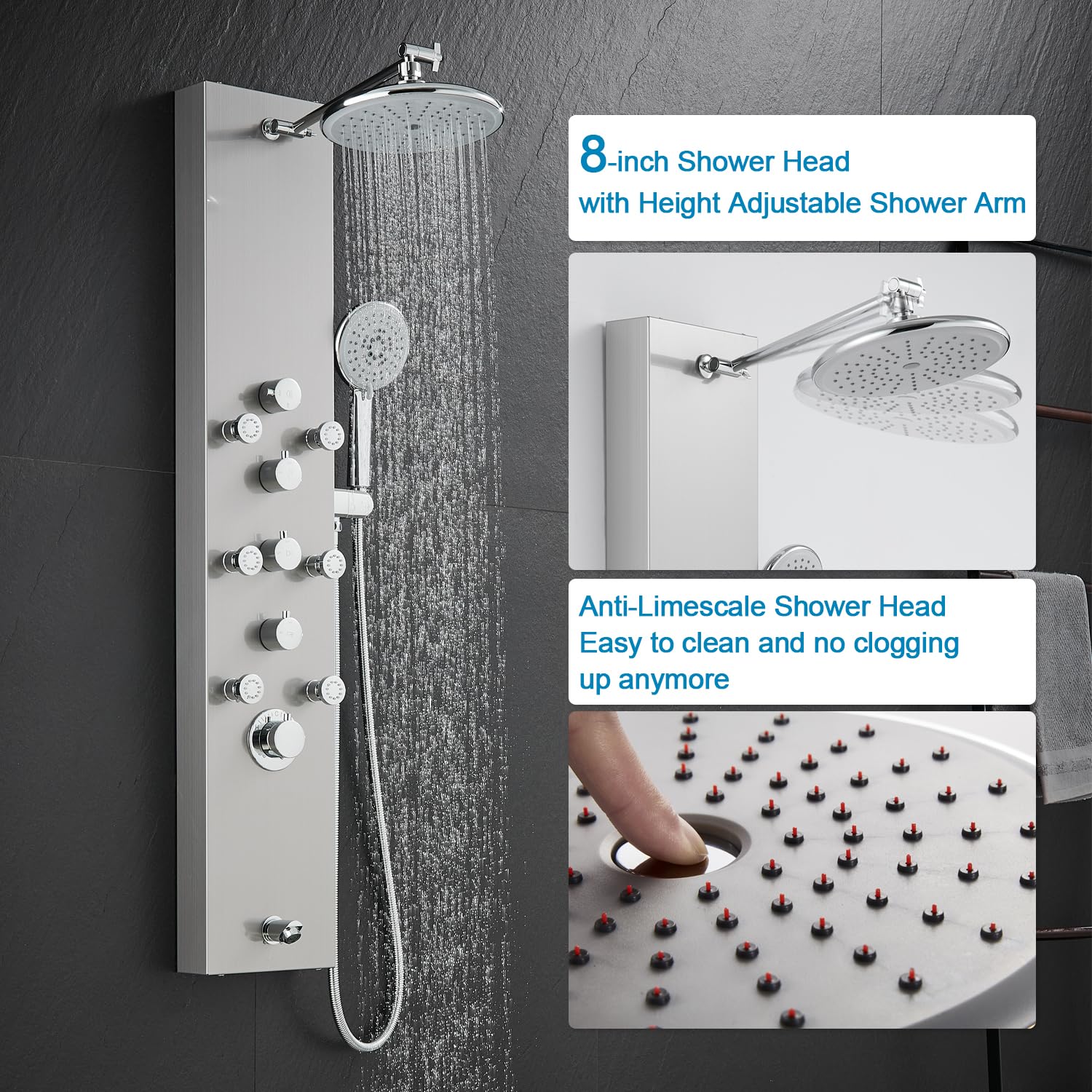 4-Function Luxury Shower Panel System with Rainfall Shower Head, Adjustable Body Jets, Handheld Spray & Tub Spout - Brushed 304 Stainless Steel Shower Tower Column for Spa-Like Bathroom Experience