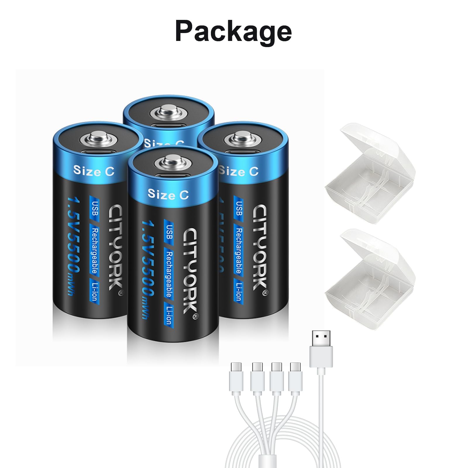 4 Pack USB-C Rechargeable C Cell Lithium Batteries - 5500mWh High Capacity, 1.5V Constant Output, Fast Charging with Included 4-in-1 Type-C Cable - Perfect for Flashlights, Toys, Medical Devices & Emergency Kits