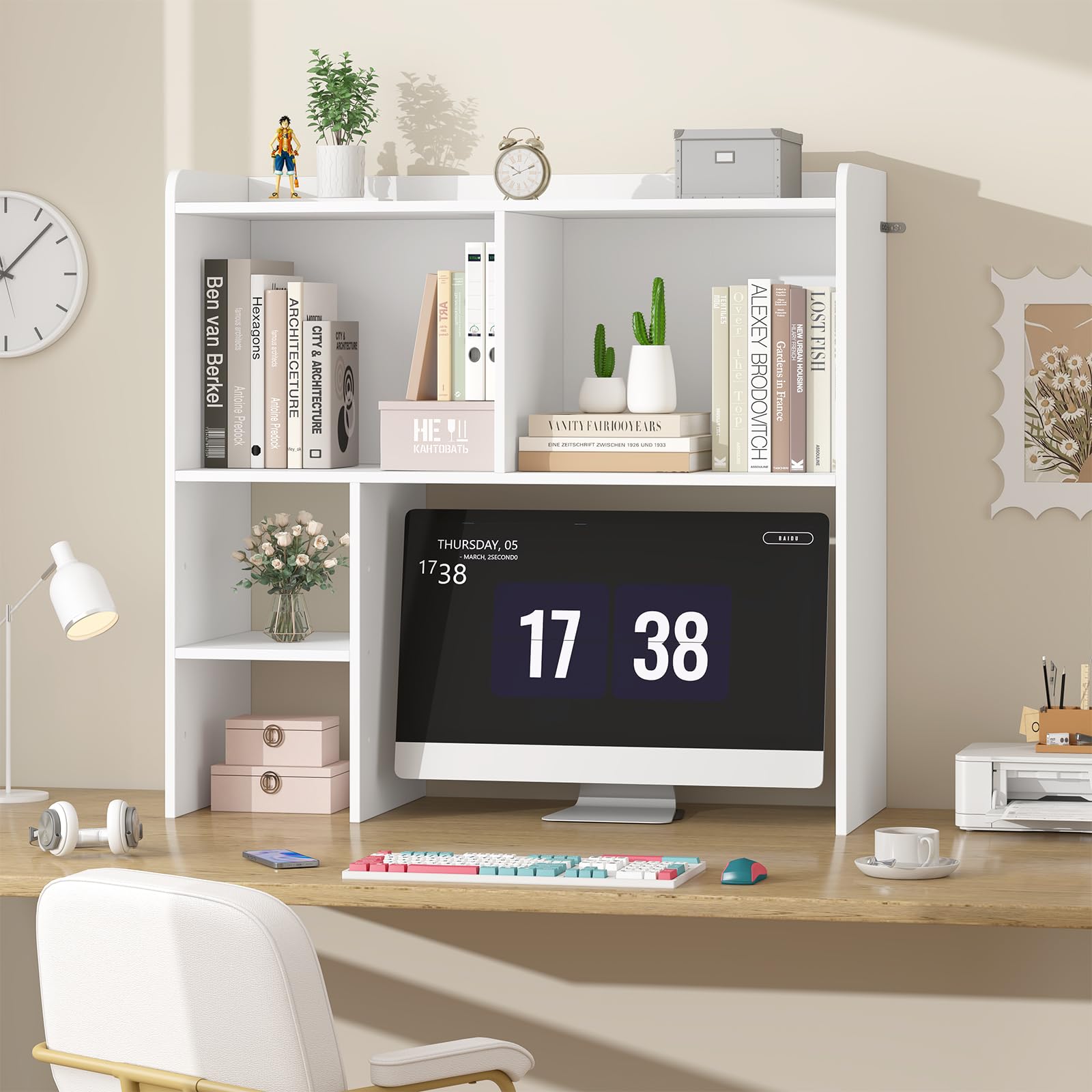 Adjustable 5-Tier Desktop Bookshelf Organizer - White Computer Desk Shelf with Storage Hutch for Home Office & Dorm | Perfect for Displaying Books, Decor & Office Supplies on Your Workspace