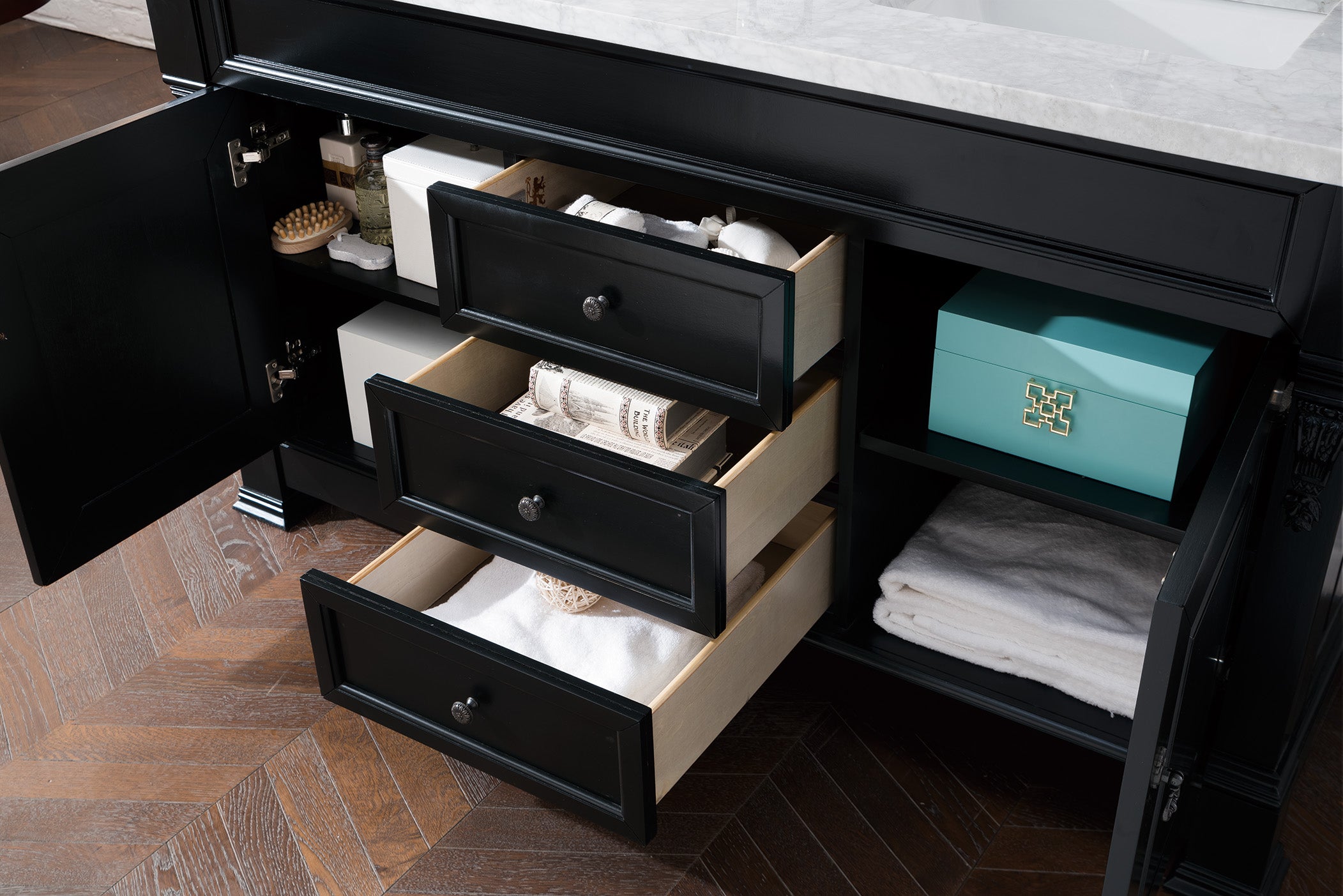 Brookfield 60 Inch Double Sink Bathroom Vanity in Antique Black with 3CM Carrara Marble Top - Perfect for Master Bathroom Remodeling and Modern Home Decor
