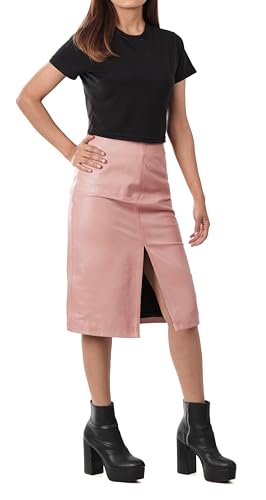 Renee - Pink Knee Length Leather Skirt