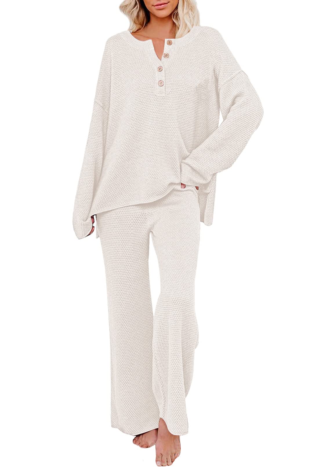 Women's 2-Piece Sweatsuit Set - V-Neck Waffle Knit Long Sleeve Sweater & Wide Leg Lounge Pants - Cozy Casual Outfit for Home, Travel & Relaxation