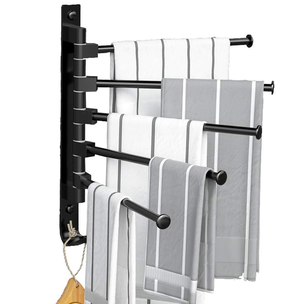 180 Degree Rotatable Black Aluminum Towel Bar with Hooks - 5 Bar Space Saving Bathroom Towel Rack for Kitchen, Bathroom & Laundry Room Organization