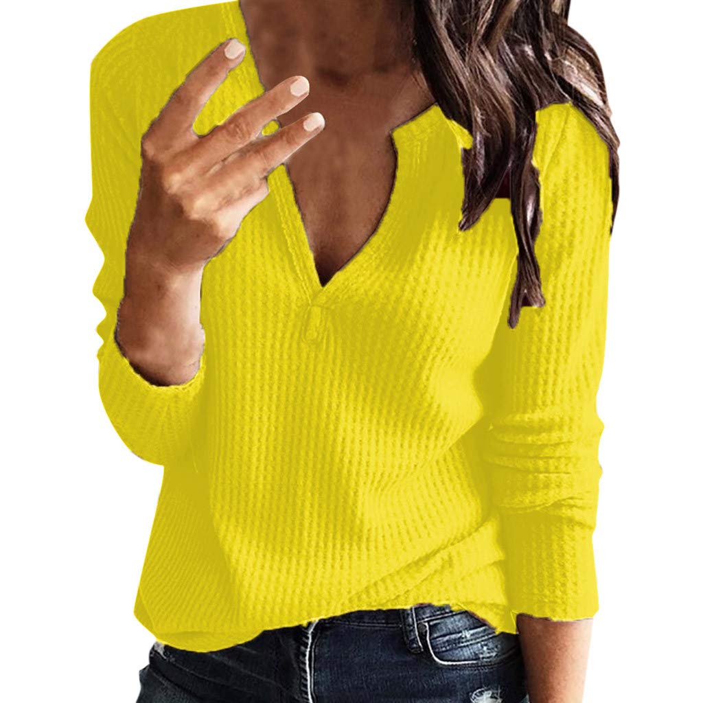 Plus Size Women's V-Neck Long Sleeve Waffle Knit Blouse - Loose Fit Warm Pullover Sweatshirt for Casual Wear, Office & Fall Layering